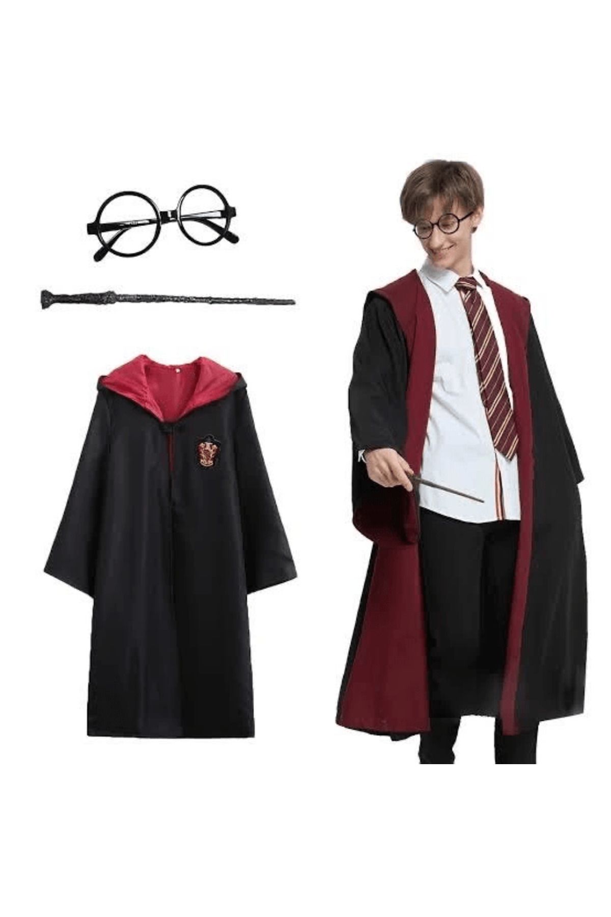 Kareem Harry Potter Gryffindor Kapişonlu Çocuk Kostüm + Asa + Gözlük Seti 9-10 Yaş - Lisinya