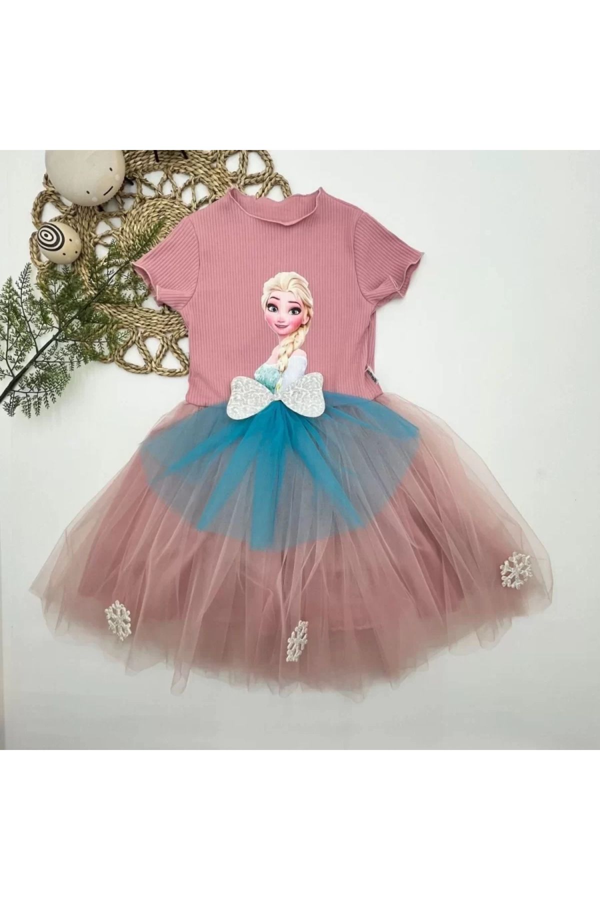 Shop58 Elsa Desenli Fiyonklu Tül Etekli Astarlı Kısa Kollu Kız Çocuk Tütü Elbise Gül Kurusu