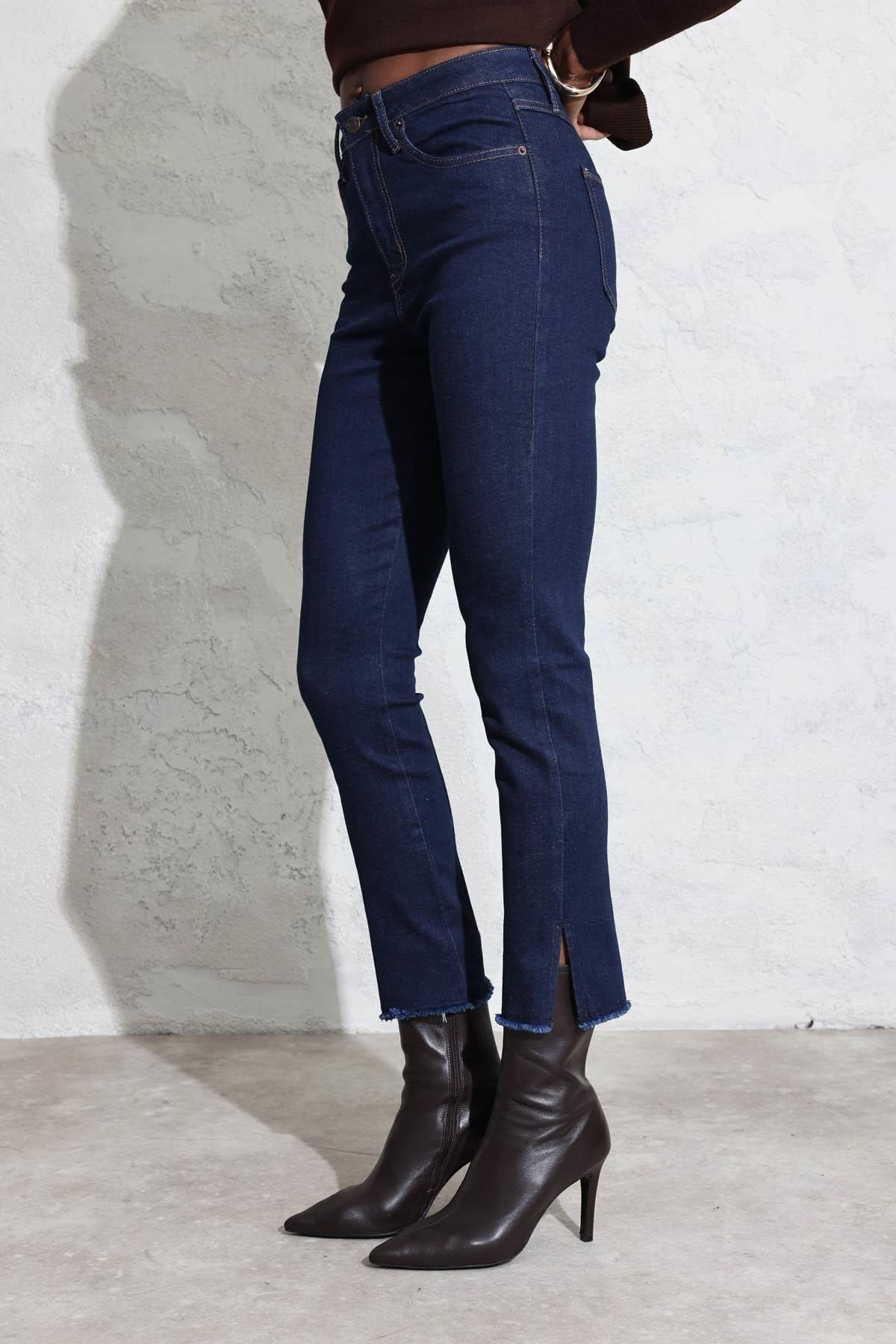 5in1Canpolat-Dark Navy High Waist Leg Slit Jeans 7413 4
