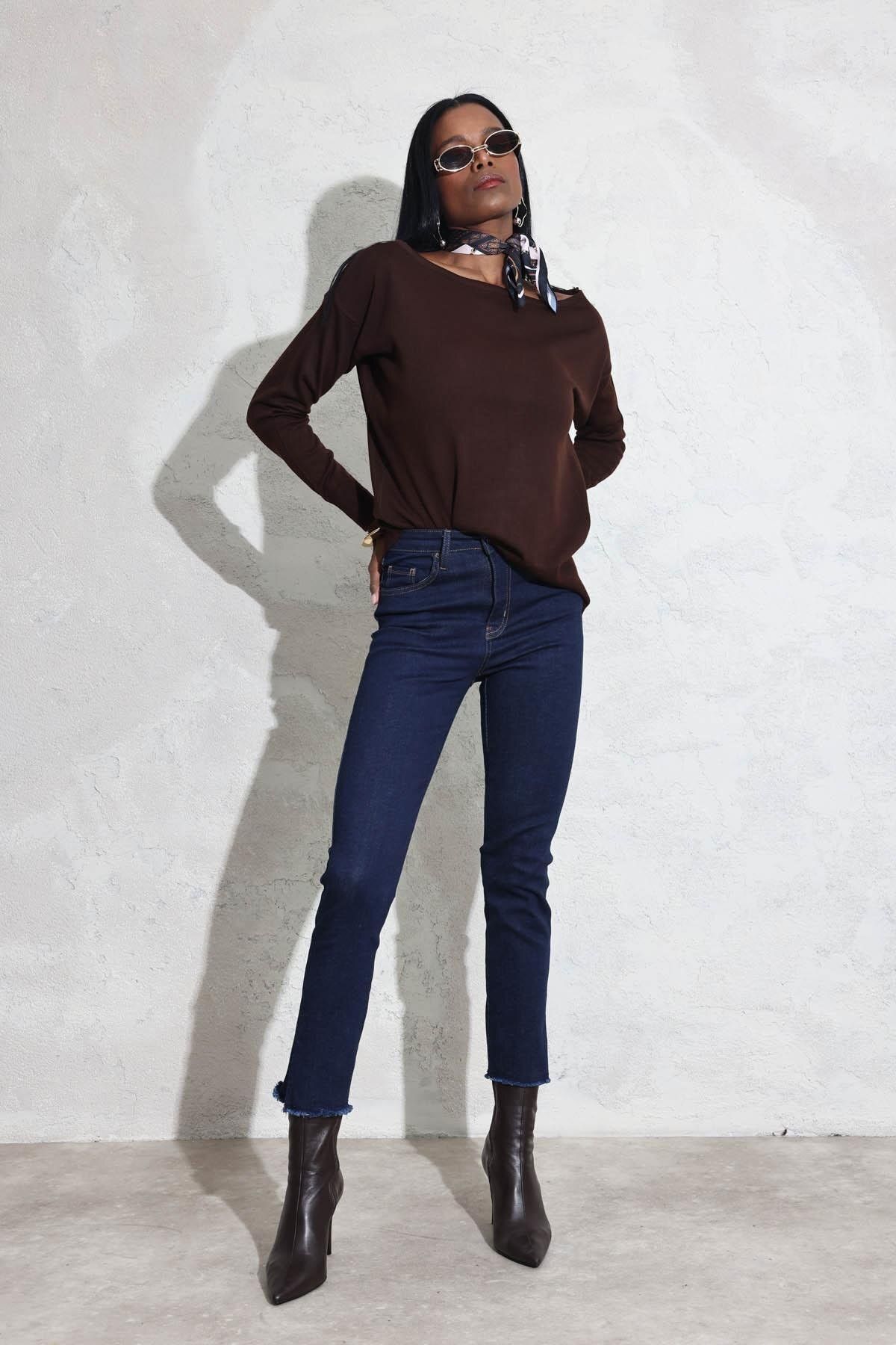 5in1Canpolat-Dark Navy High Waist Leg Slit Jeans 7413 3