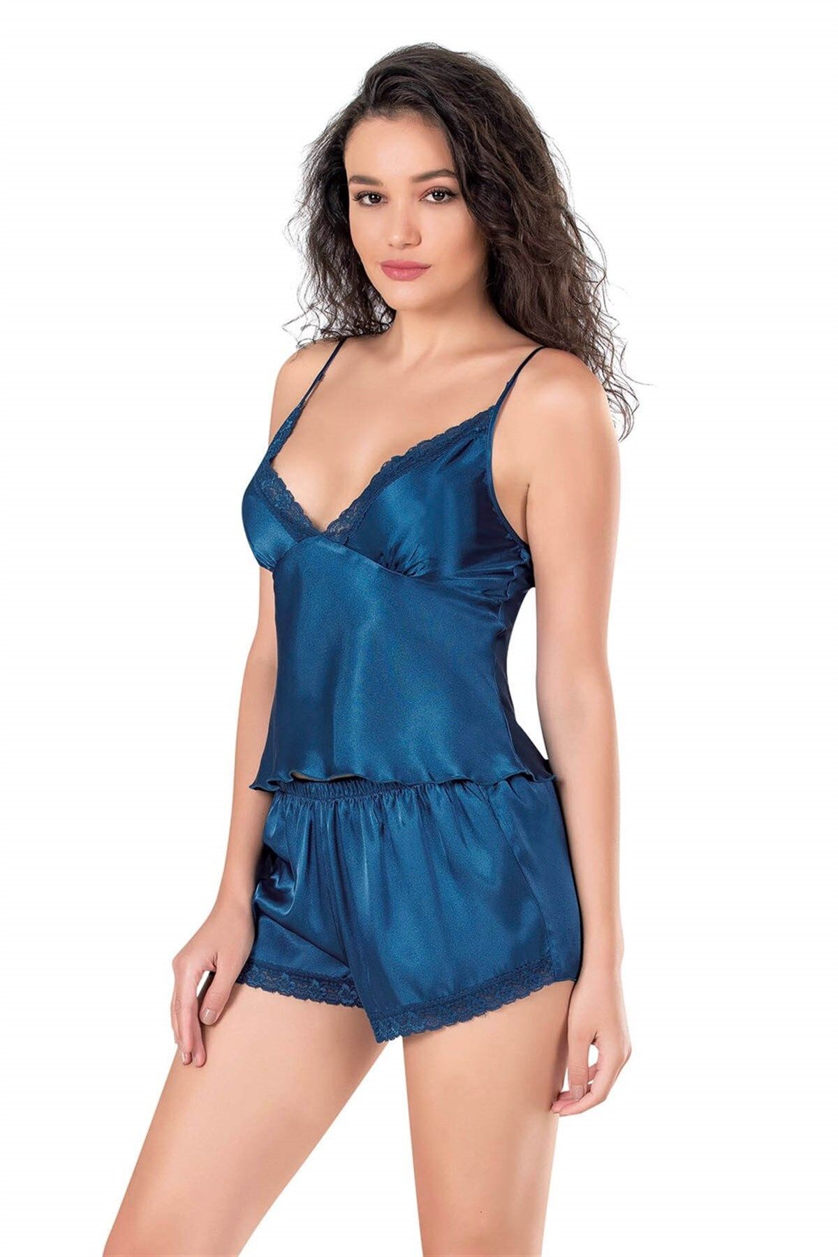 Shop58 Hediye Cantam  Petrol Mavi Saten Babydoll Şort Takımı