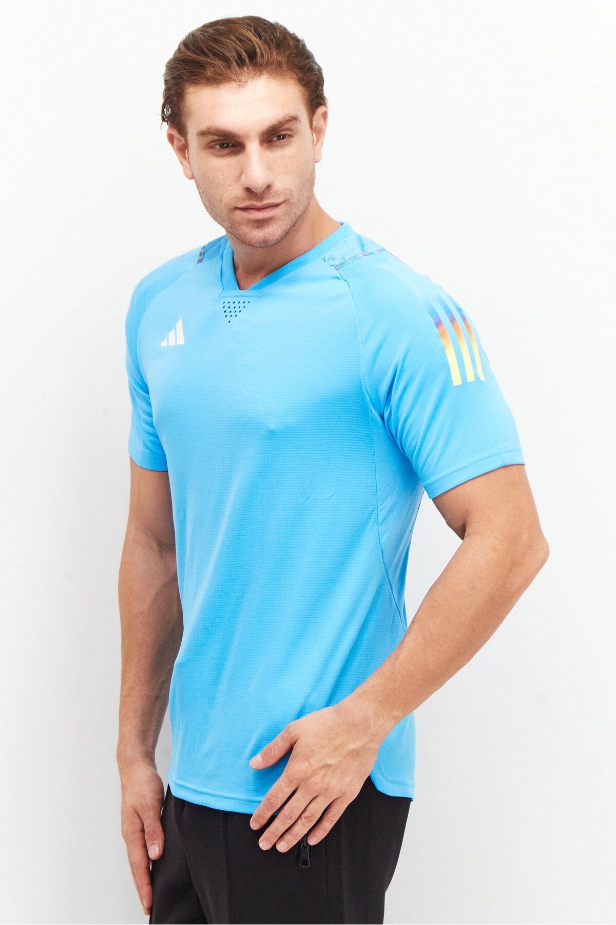 adidas-Men Sportswear Fit Short Sleeve Brand Logo Training Jersey, Turquoise 3