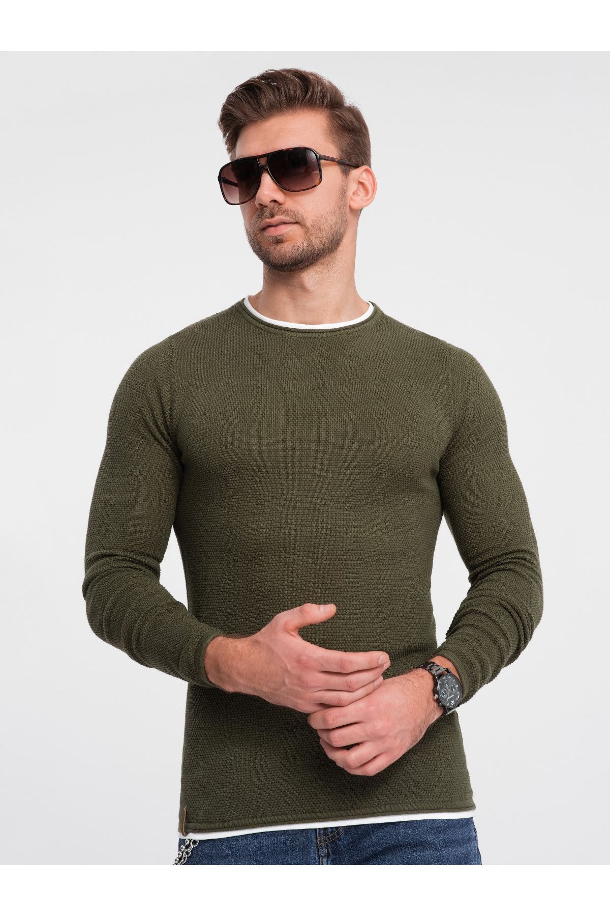 OMBRE-Herren Baumwollpullover mit Rundhalsausschnitt - dunkeloliv V7 OM-SWSW-0103 M 1