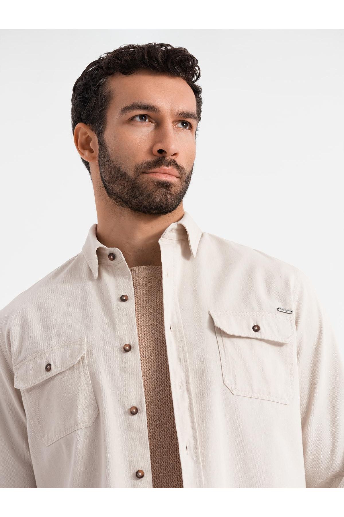 OMBRE-Ανδρικό βαμβακερό πουκάμισο REGULAR FIT με τσέπες με κουμπιά - κρεμ V1 OM-SHCS-0146 XL 2