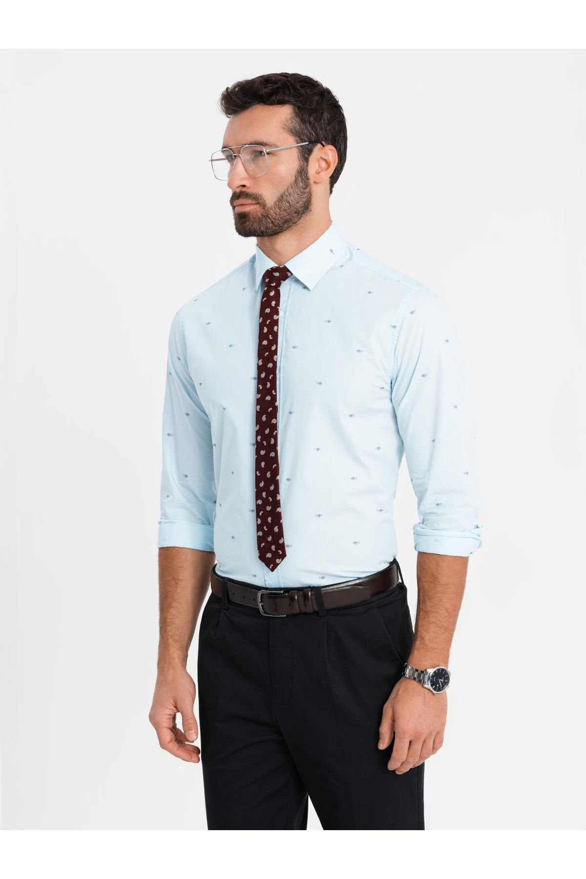 OMBRE-Cămașă clasică SLIM FIT pentru bărbați, din bumbac, în plasă - albastru V4 OM-SHCS-0156 L 1