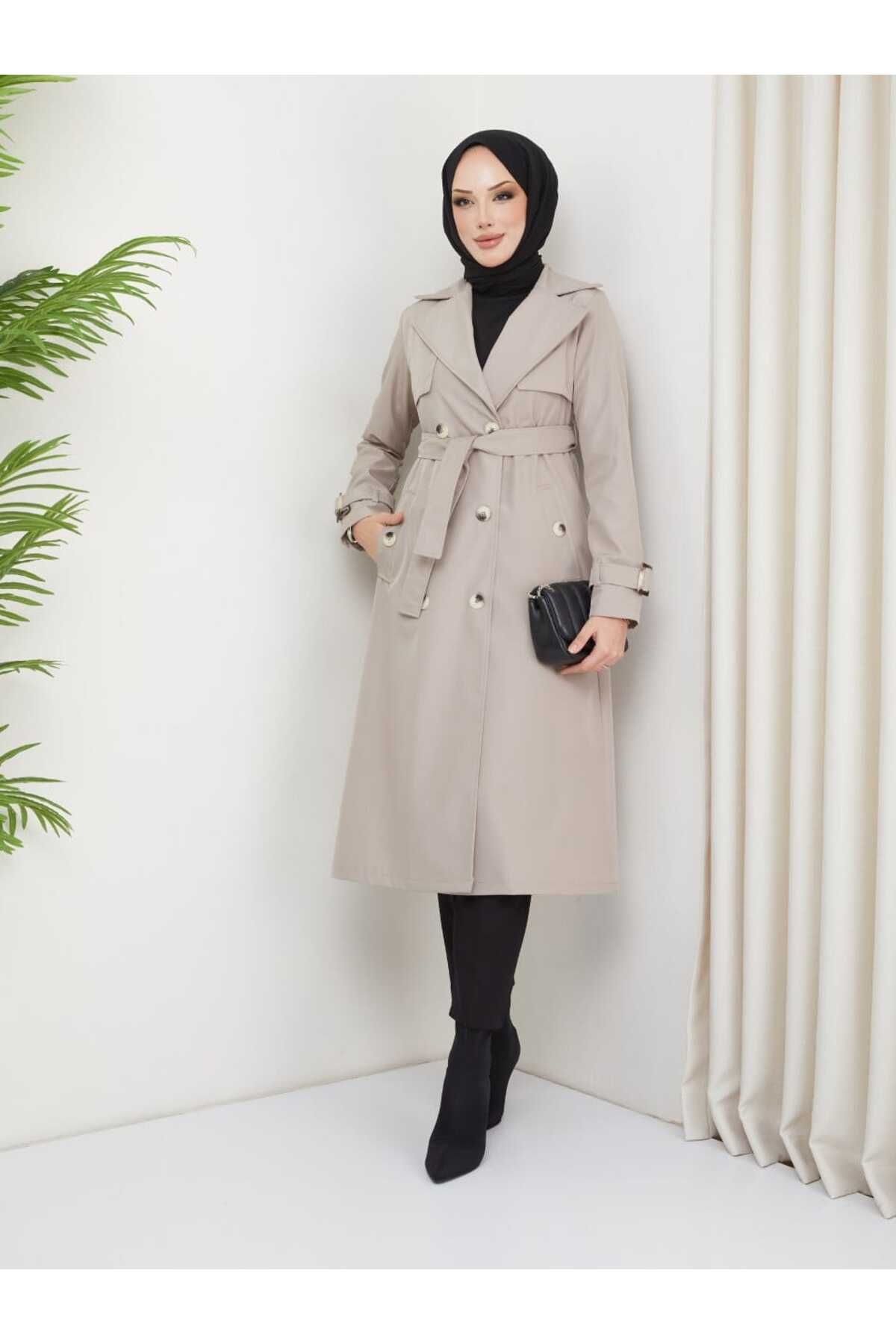 ELBİSHE-Waist Tie Sleeve Detailed Hijab Trench Coat 2