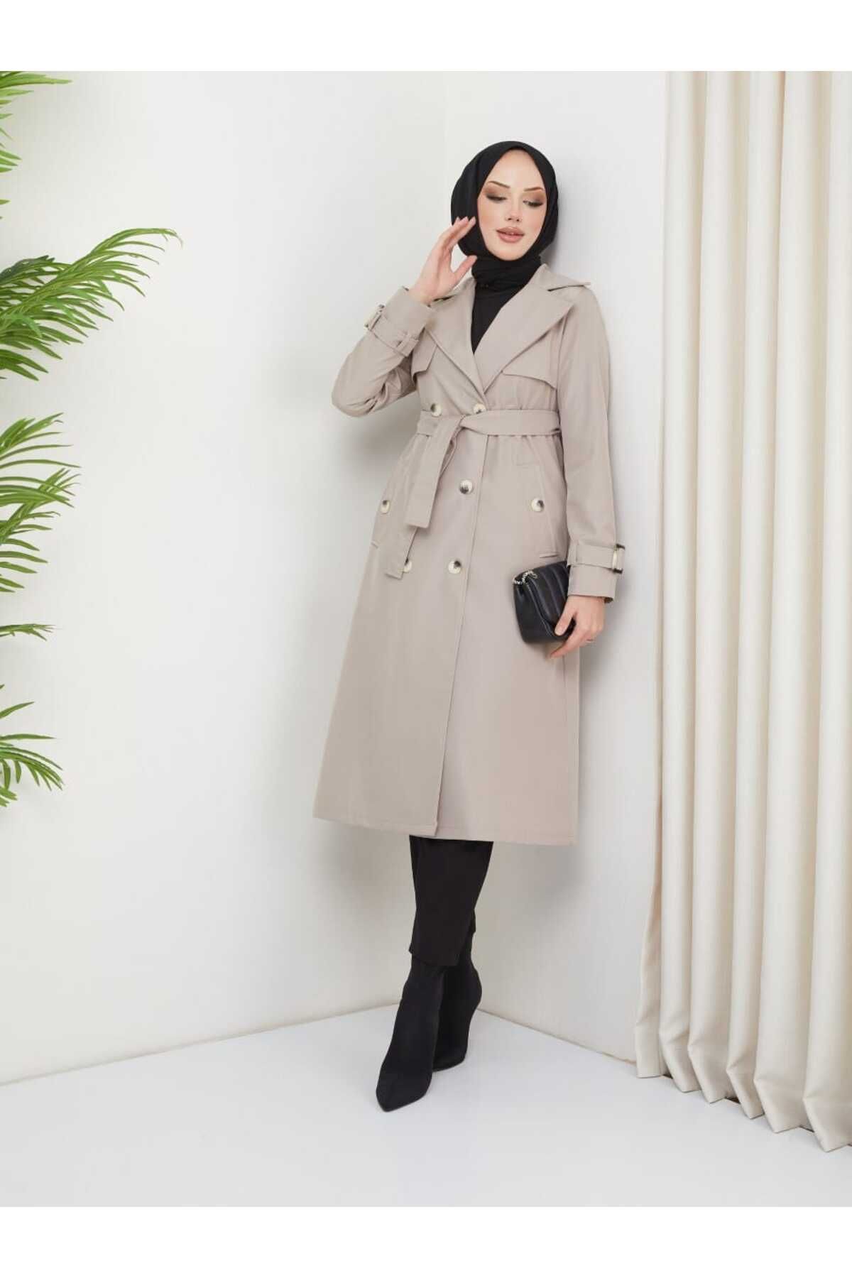 ELBİSHE-Waist Tie Sleeve Detailed Hijab Trench Coat 3