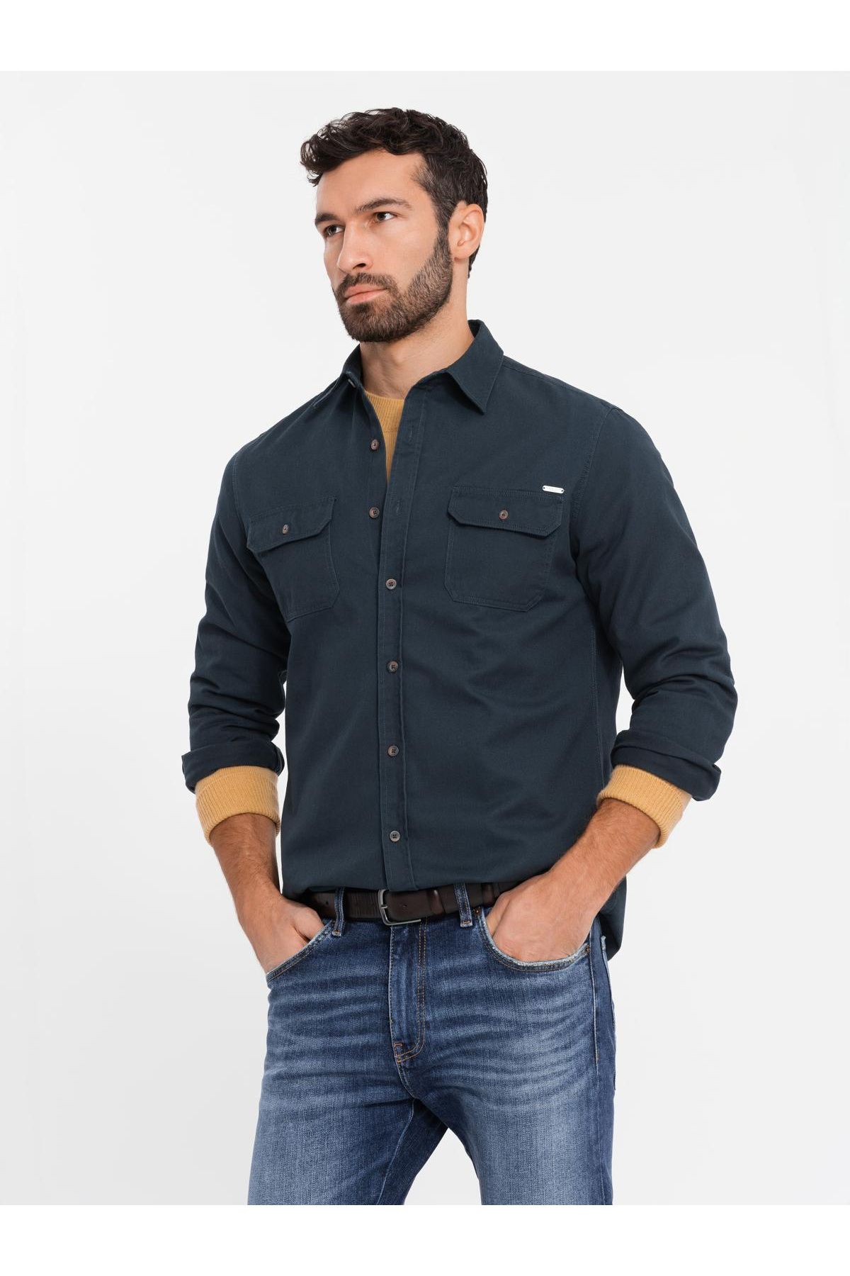 OMBRE-Herrenhemd aus Baumwolle mit REGULAR FIT und geknöpften Taschen - marineblau V3 OM-SHCS-0146 L 3