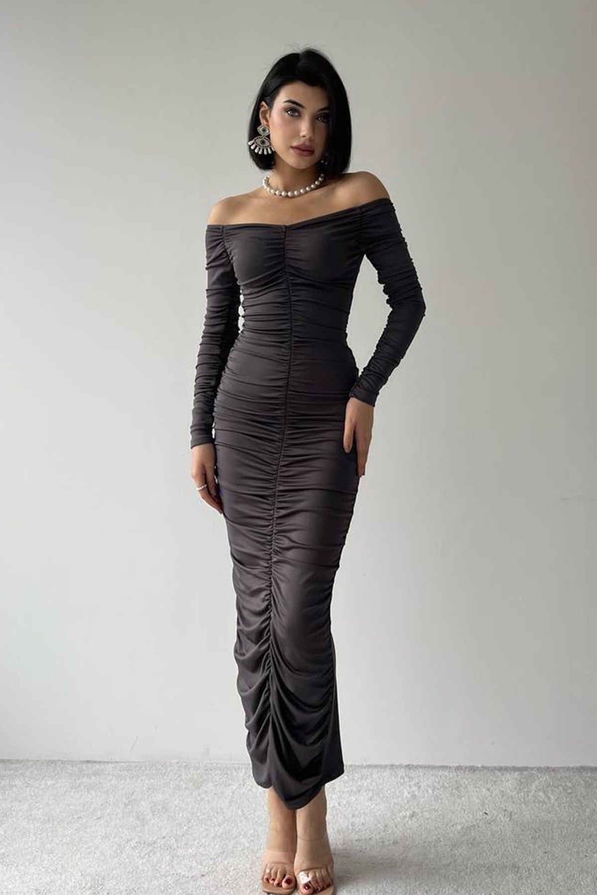 WOMAN VISION-Smoked Sandy Fabric Midi Evening Dress - Strapless Neckline and Drawstring Detail 338 6