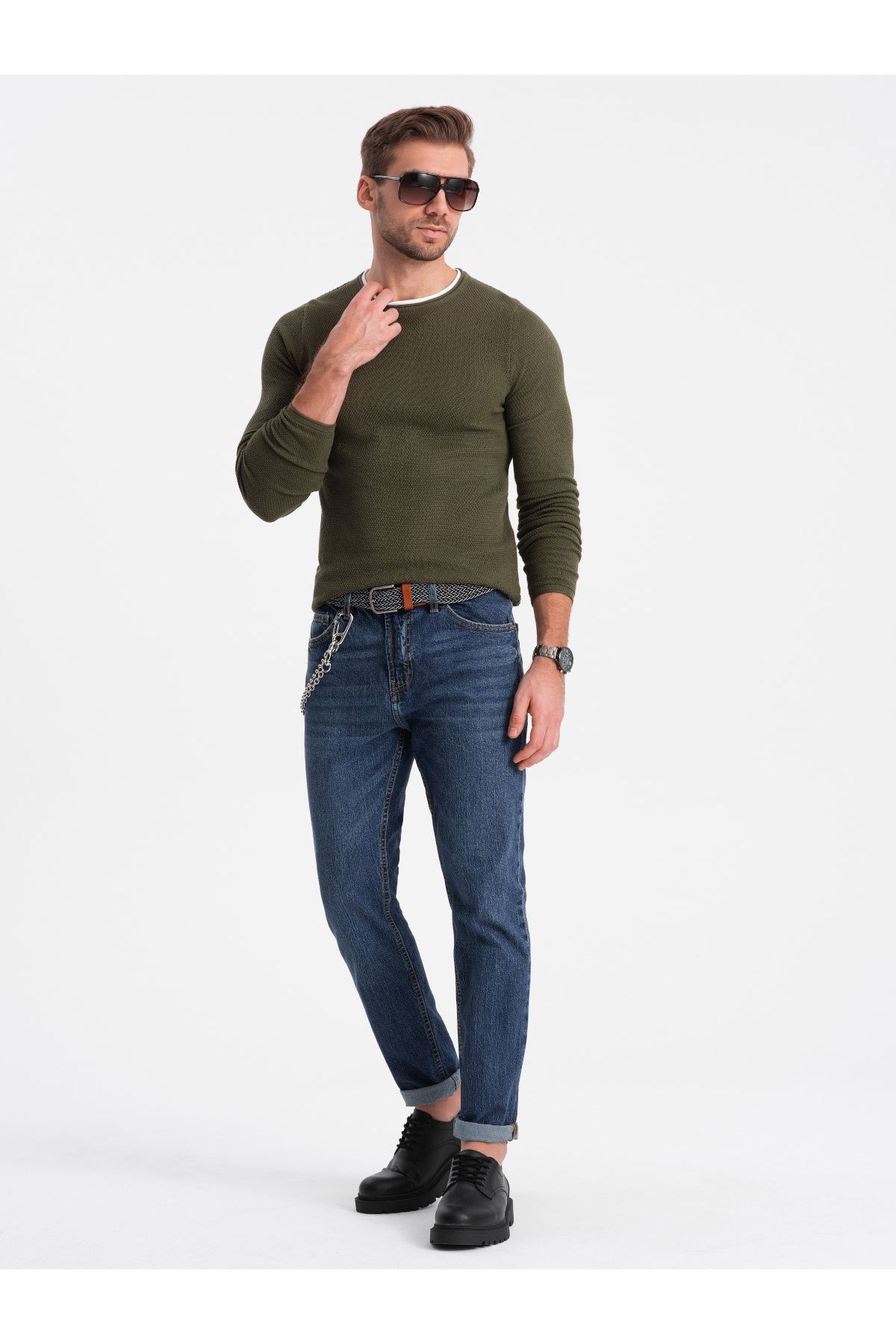 OMBRE-Herren Baumwollpullover mit Rundhalsausschnitt - dunkeloliv V7 OM-SWSW-0103 M 4
