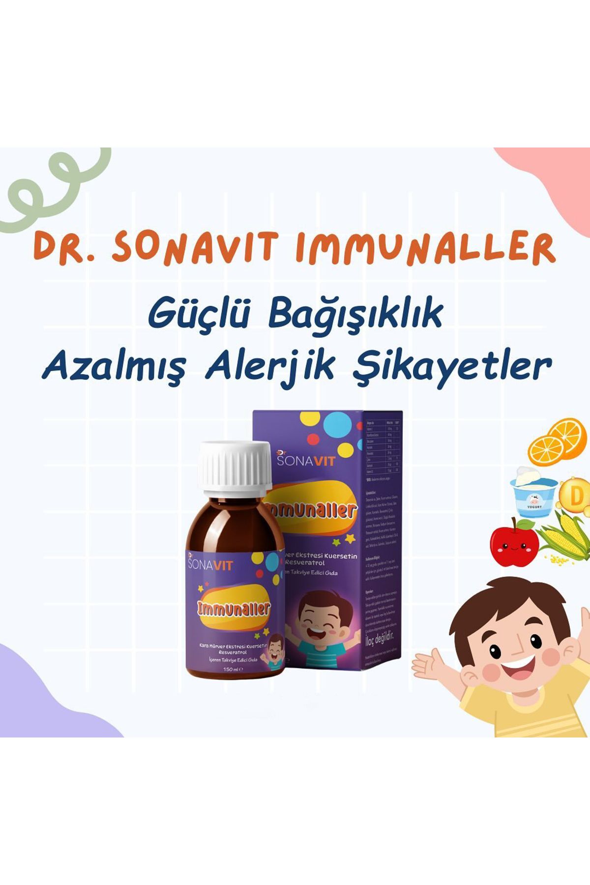 Dr Sonavit Immunaller Şurup 150ml Kuersetin, Resveratrol, Selenyum, Beta glukan, Çinko, Vit-D, Vit-C