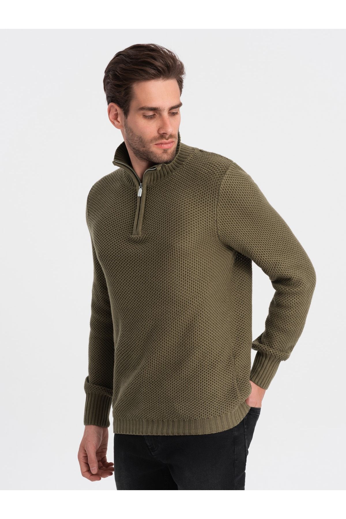 OMBRE-Herren Strickpullover mit Kentkragen - oliv V6 OM-SWZS-0105 XL 3