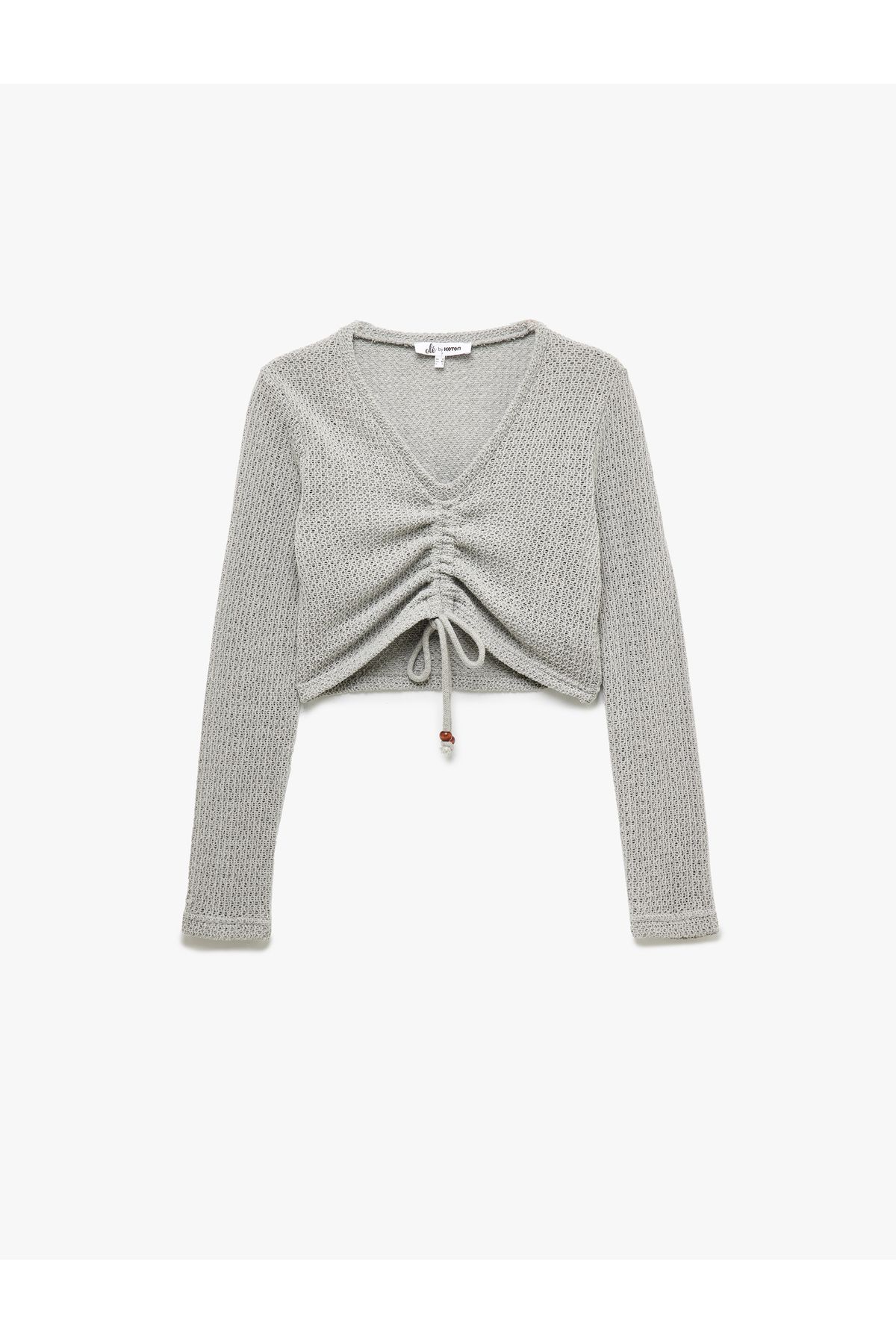 Koton-Long Sleeve Gathered V Neck Knitwear Wool Blended Crop T-Shirt 3