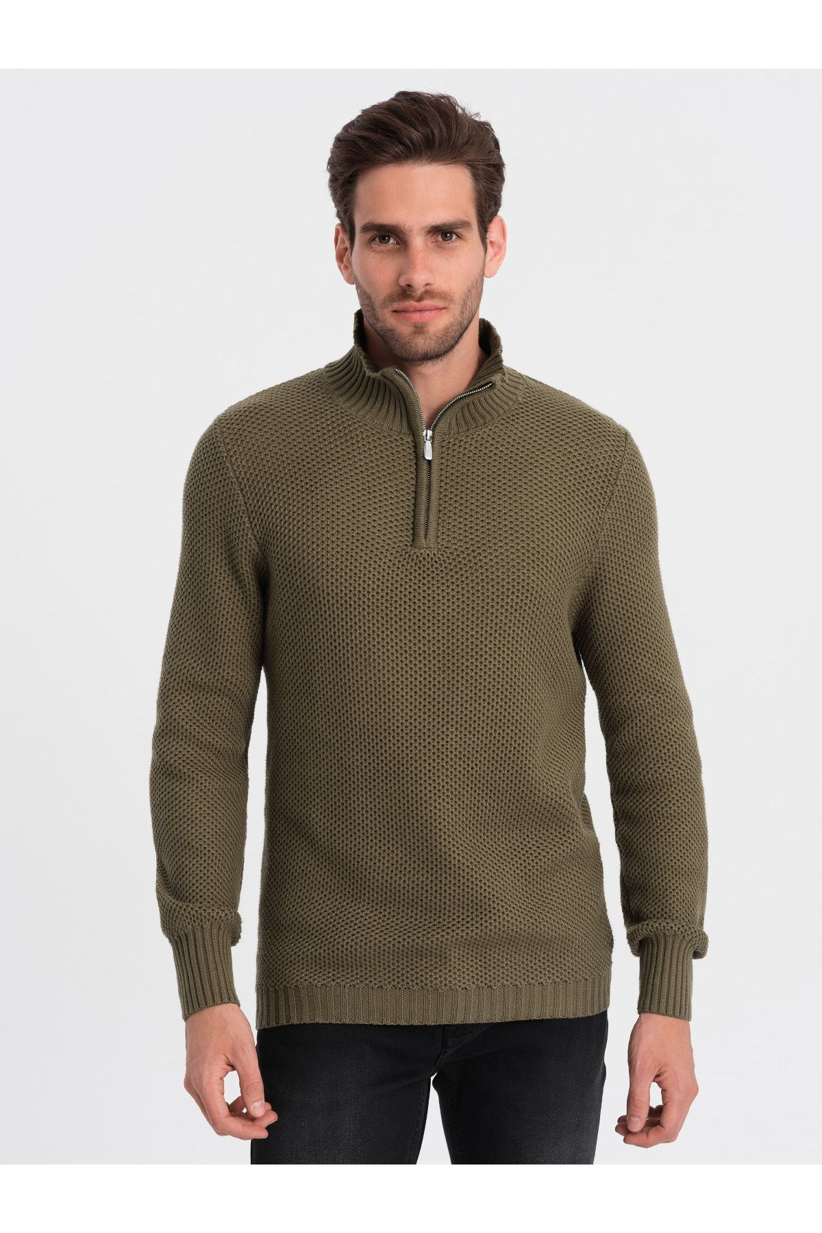 OMBRE-Herren Strickpullover mit Kentkragen - oliv V6 OM-SWZS-0105 XL 1