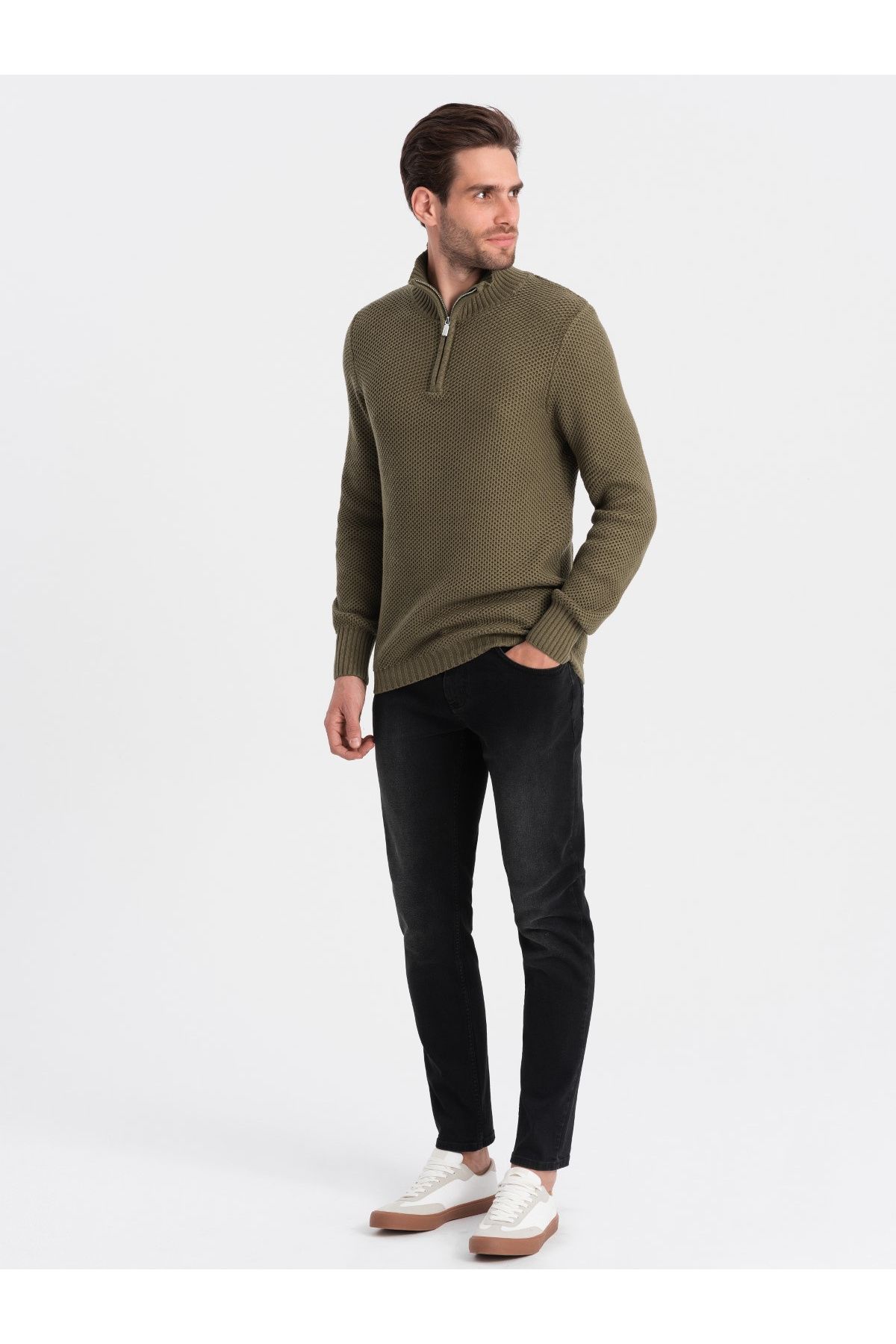 OMBRE-Herren Strickpullover mit Kentkragen - oliv V6 OM-SWZS-0105 XL 4