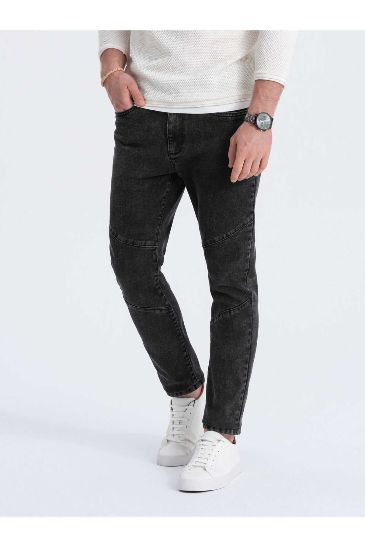 OMBRE-Pánske slim fit džínsové nohavice s prešívaním na kolenách - čierne V2 OM-PADP-0109 L 4