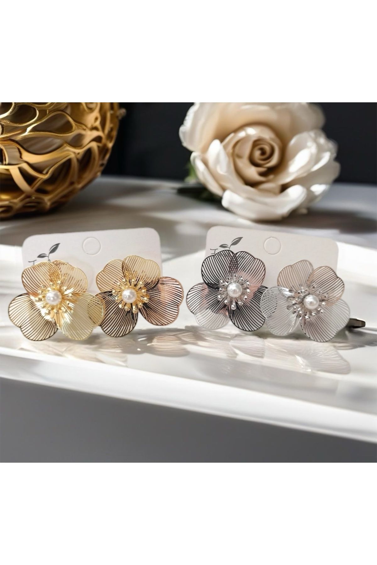 a rose jewelry Çelik Telkari İncili Çiçek Küpe