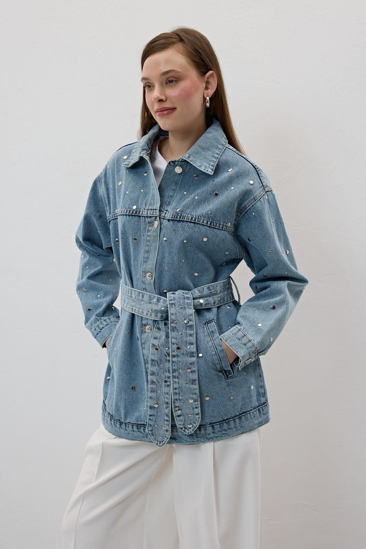 LEVURE-Denim Jacket with Drop Belt and Belt Detail - Snowwashing 2