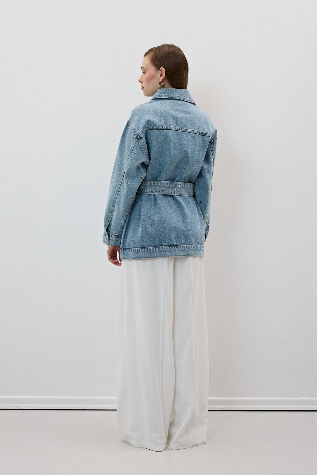 LEVURE-Denim Jacket with Drop Belt and Belt Detail - Snowwashing 4