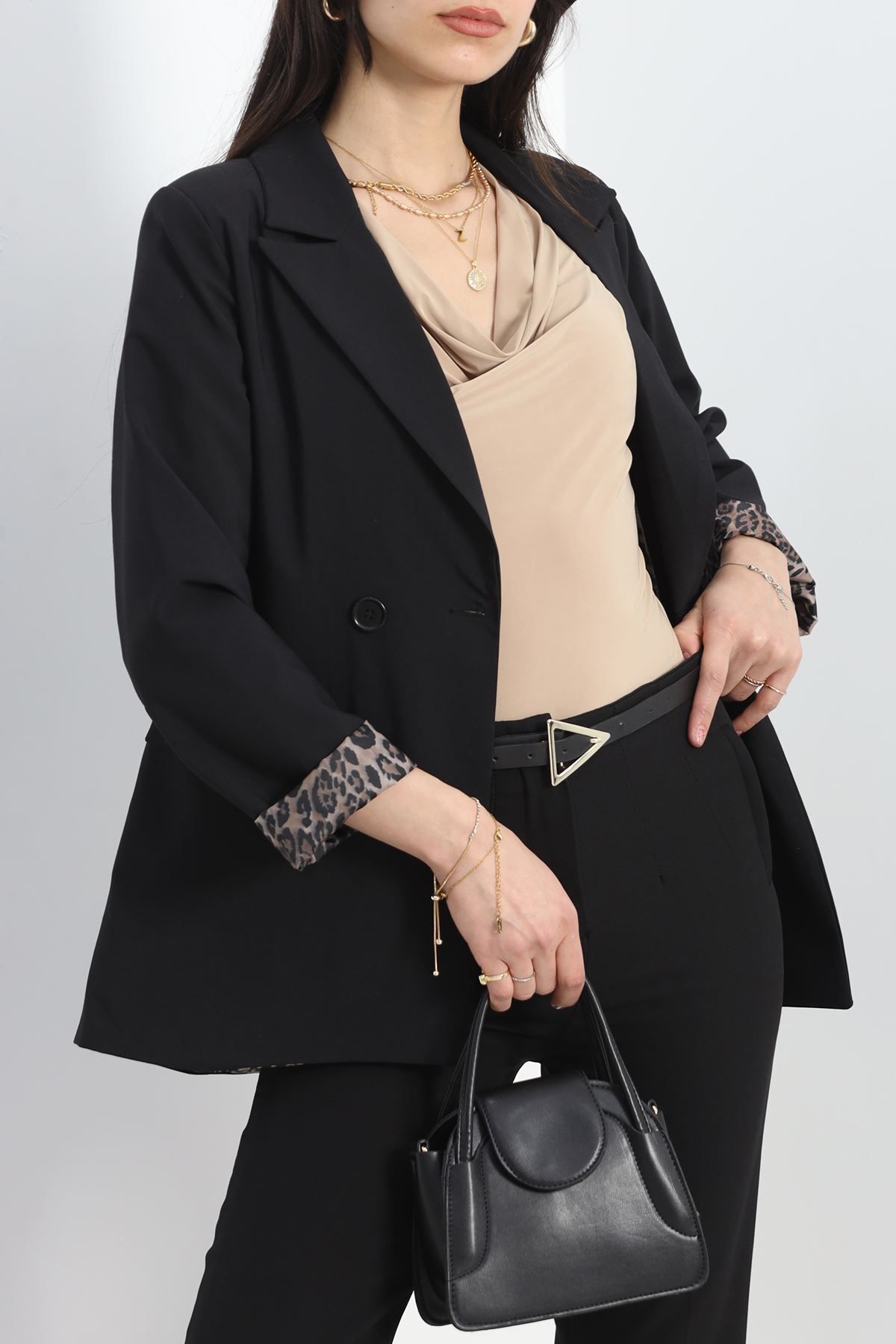 BELENDİR Leopar Astarlı Poliviskon Blazer Ceket Siyah - 50028.1775.