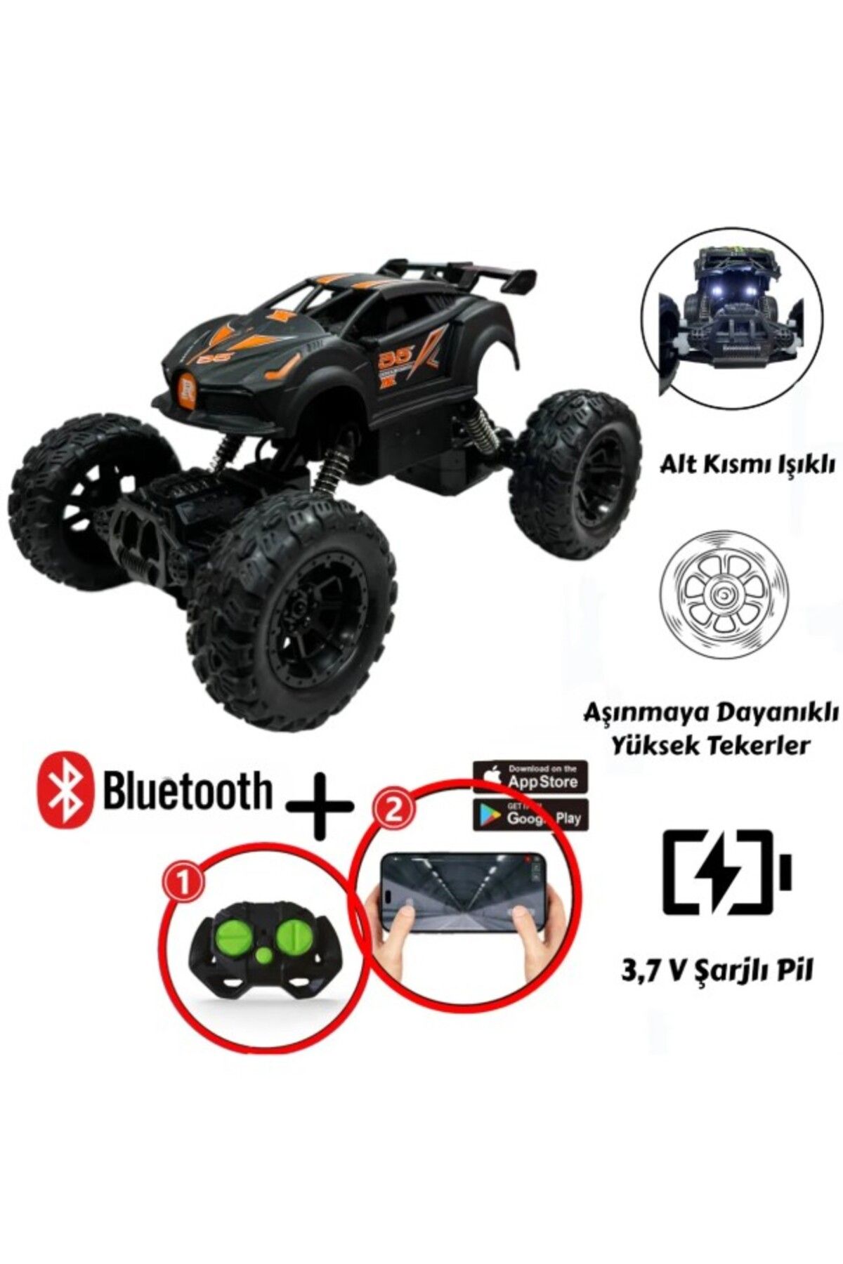 Retoys Uzaktan Kumandalı Bluetooth Telefon Kontrollü Jeep Araba Drift Şarjlı Rock Crawler 19 cm Off-Road