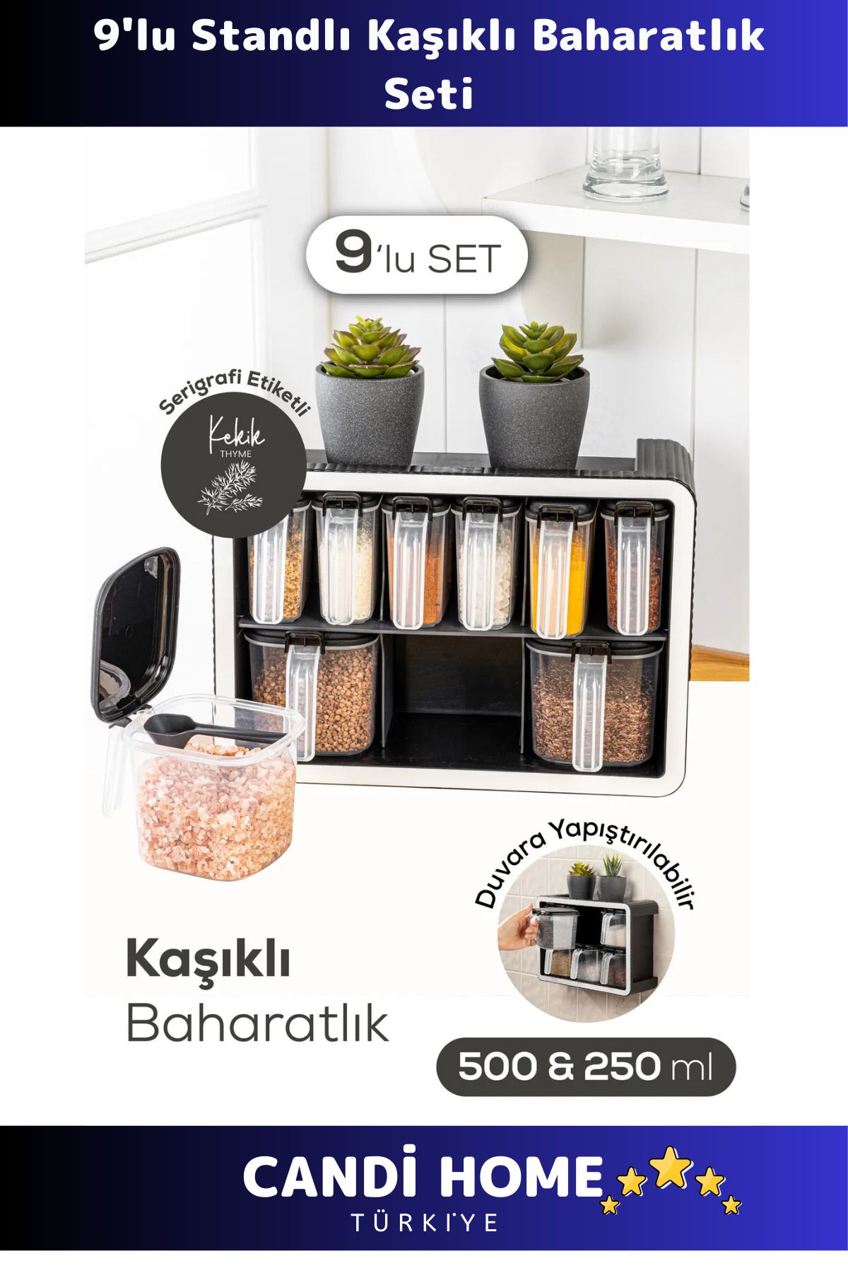 HOBİ CONDİ Premium Özel Seri Tasarım 9'lu Set Standlı Kaşıklı Baharatlık Seti