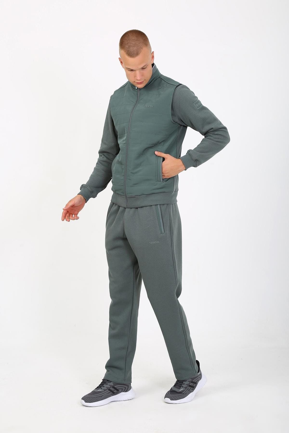 Escetic-Water Green Men's Tracksuit Set - 3 Thread Lakos, 5 Pockets, Triple, Vest Tk 6