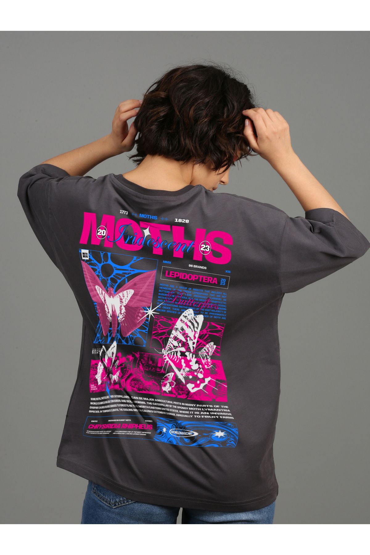 SOFT Premium Oversize  Unisex Baskılı T-shirt Moths - Füme