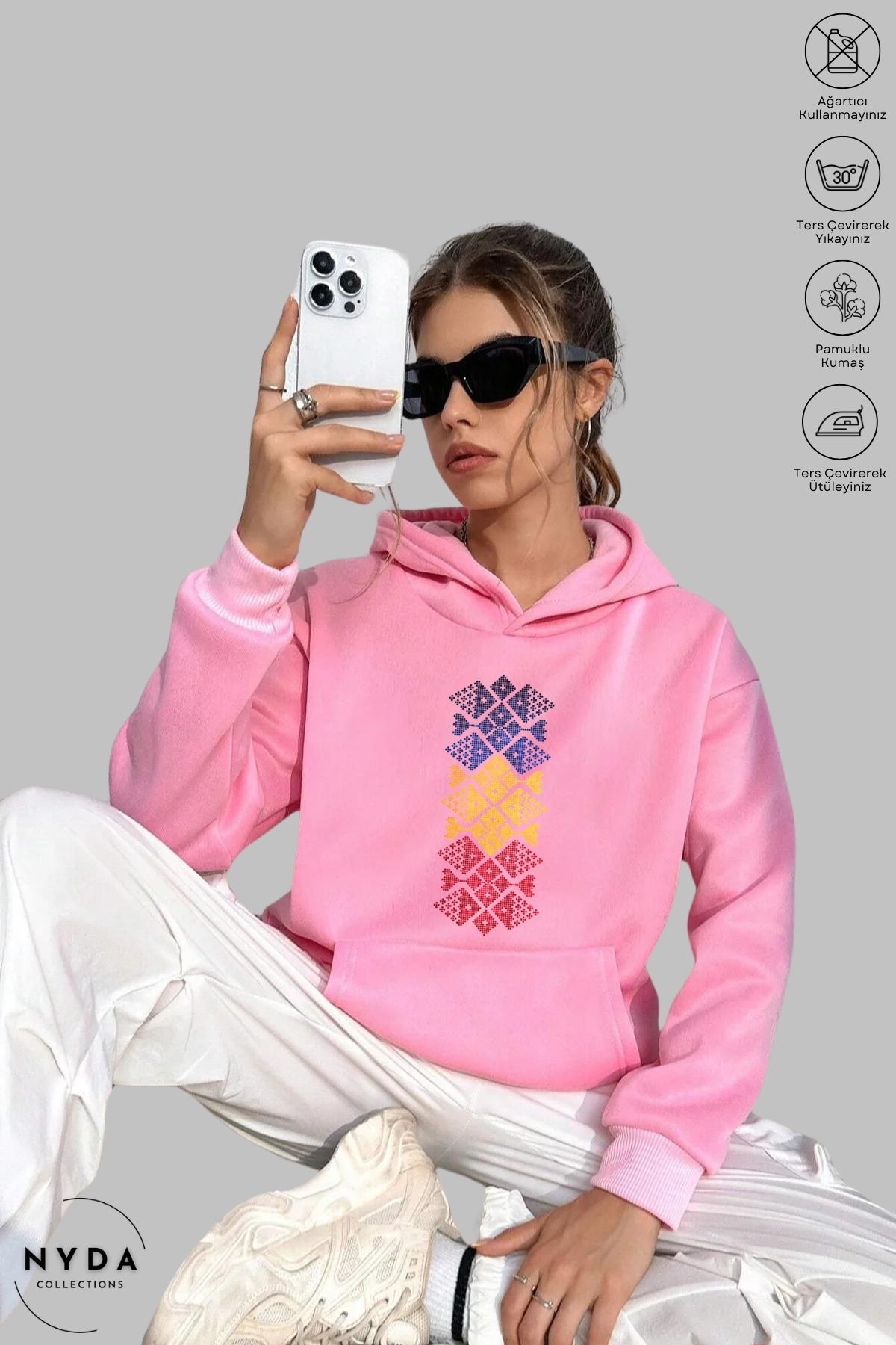 Nyda Collections Unisex Hoodie Uzun Kollu Romania Cusatura Baskılı Kapüşonlu Şardonlu Oversize Pamuk Sweatshirt