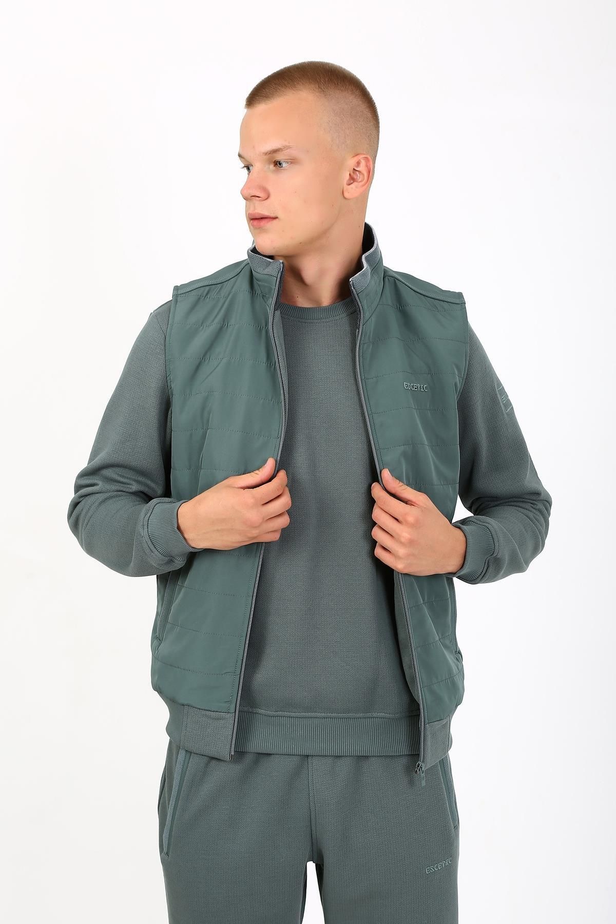 Escetic-Water Green Men's Tracksuit Set - 3 Thread Lakos, 5 Pockets, Triple, Vest Tk 8