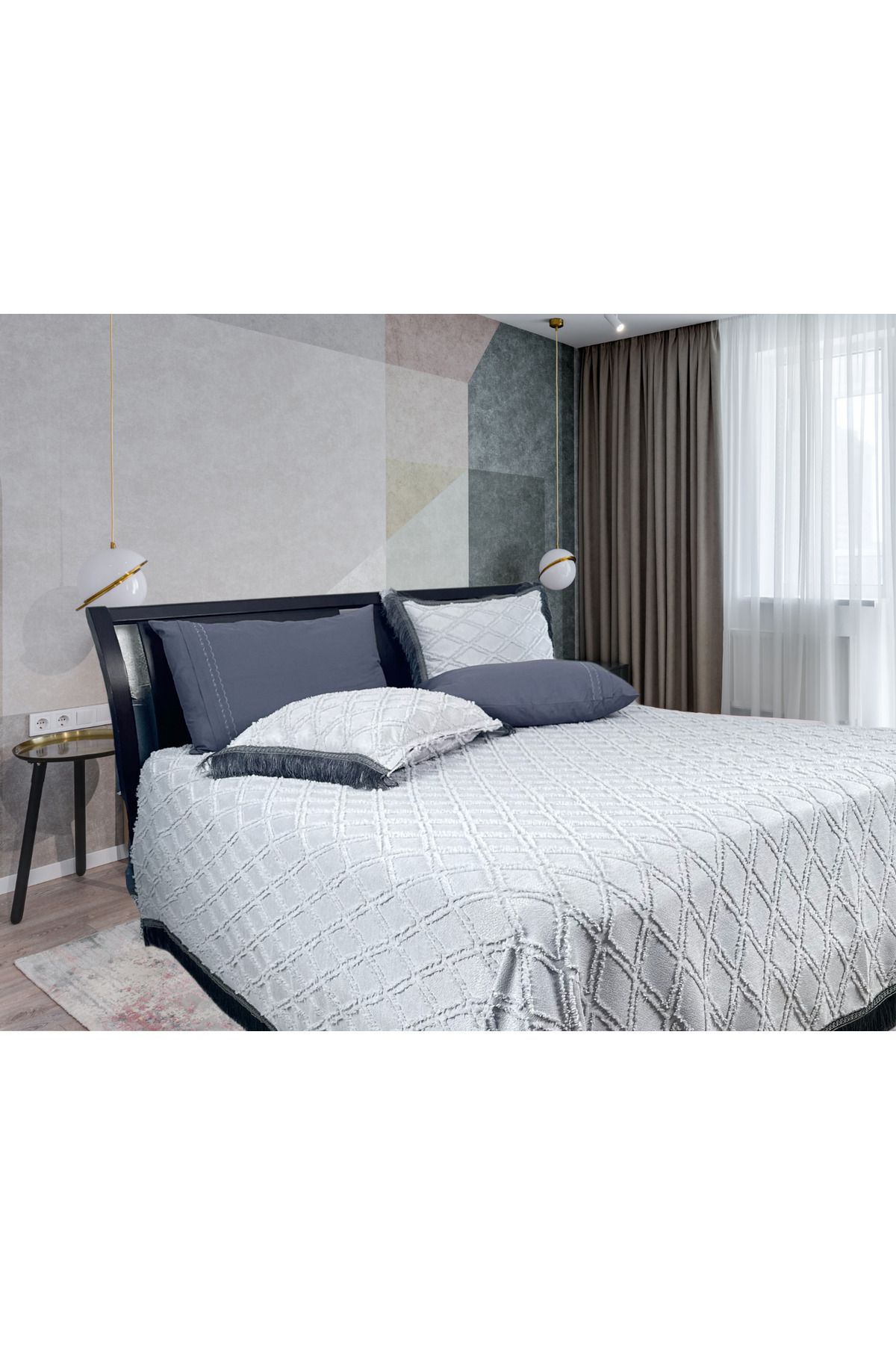 VİP ZERON HOME FASHIONS Yuvarlak Desenli Gri Çift Kişilik Pike Takımı Modern Tasarım ve Kalitenin Buluşması