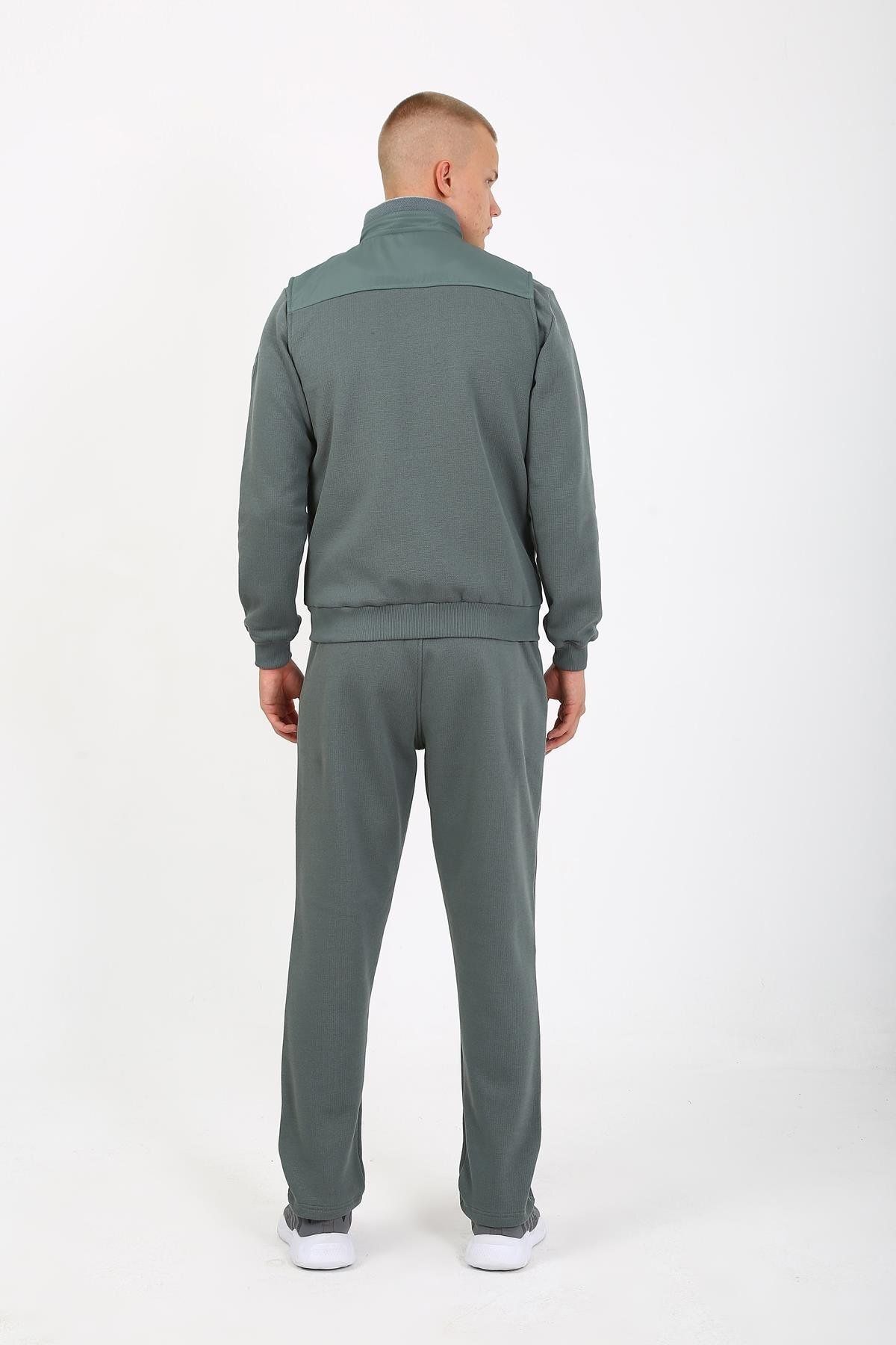 Escetic-Water Green Men's Tracksuit Set - 3 Thread Lakos, 5 Pockets, Triple, Vest Tk 7