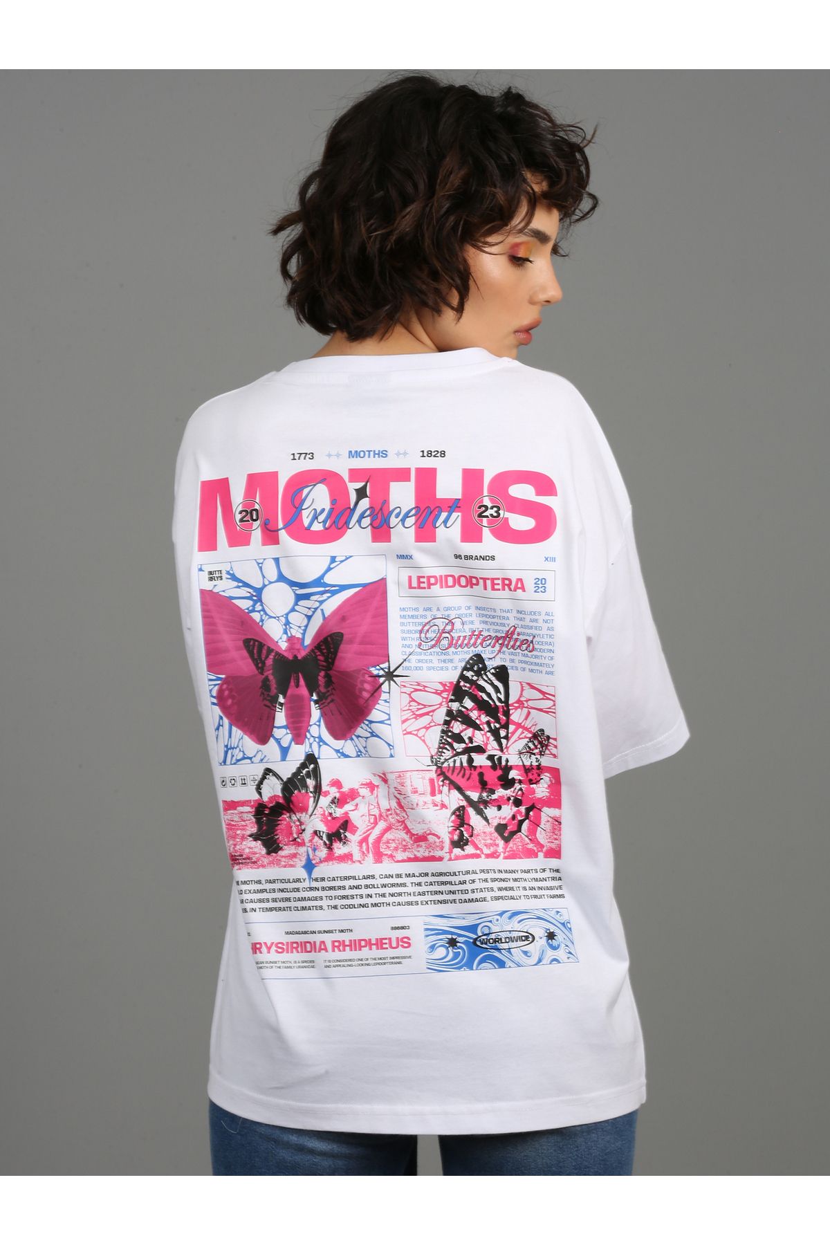 SOFT Premium Oversize  Unisex Baskılı T-shirt Moths - Beyaz