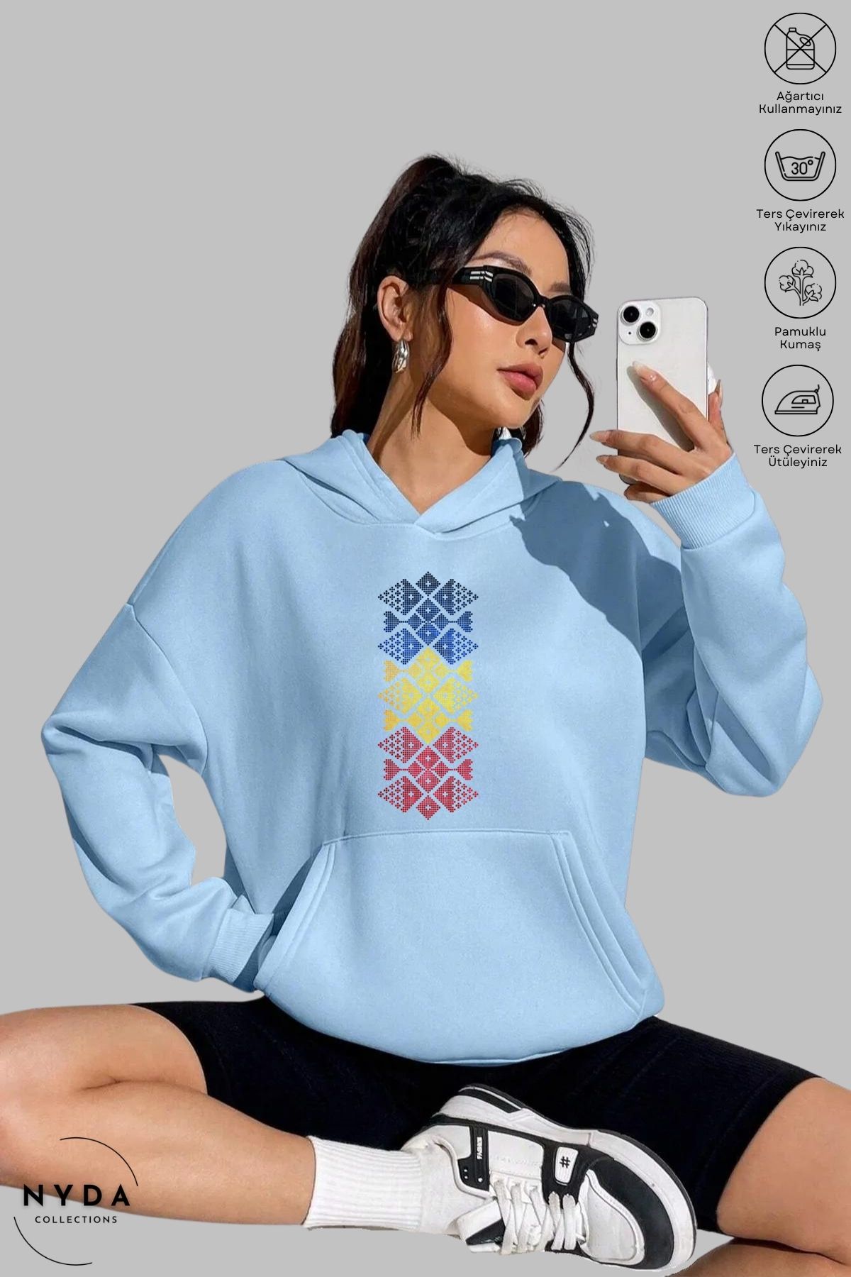 Nyda Collections Unisex Hoodie Uzun Kollu Romania Cusatura Baskılı Kapüşonlu Şardonlu Oversize Pamuk Sweatshirt