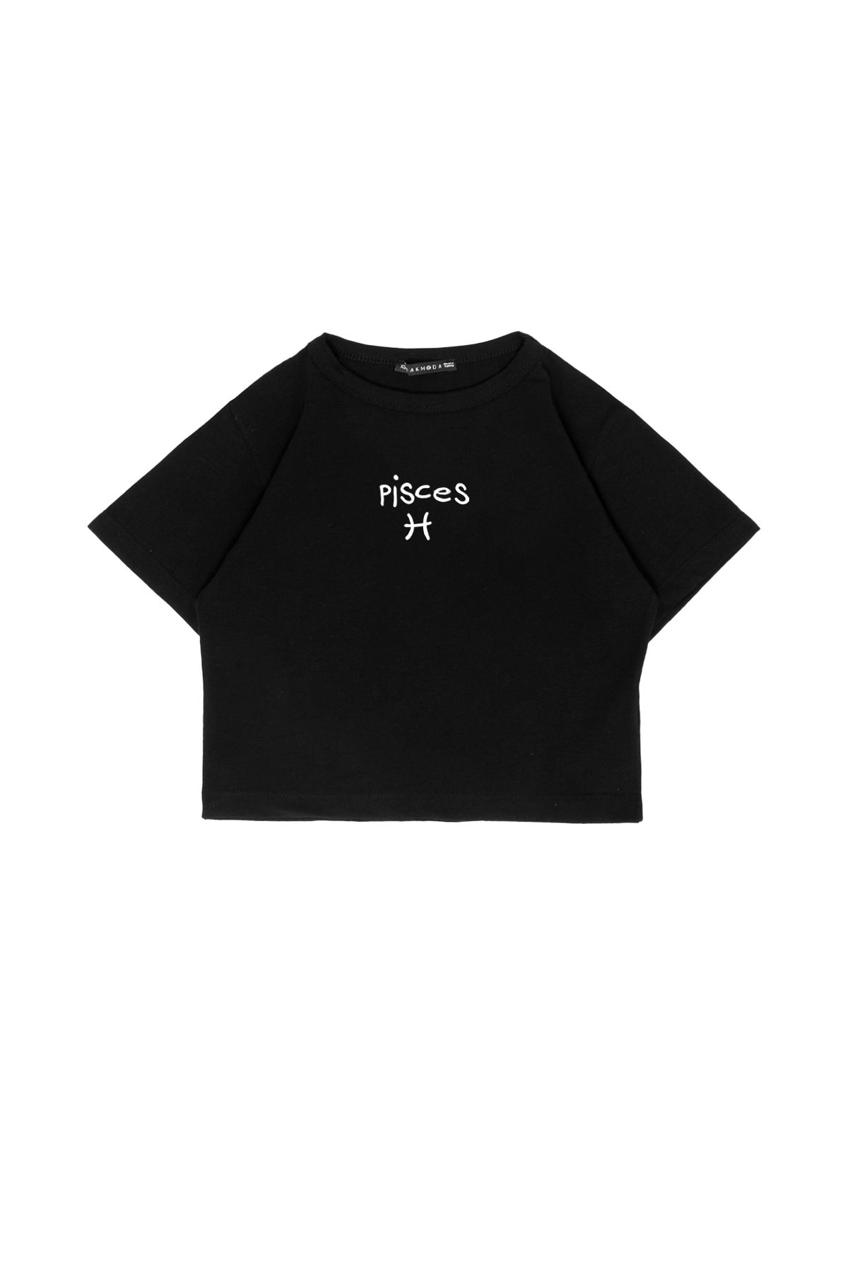 Sekizbiraltı Pisces Baskılı Siyah Crop Top