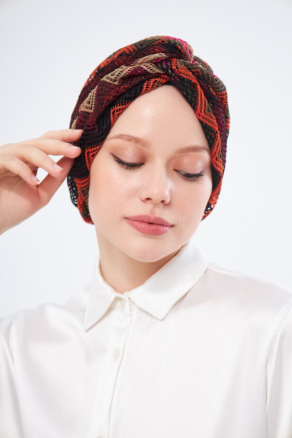 HÜRREM BONE-Loose Hijab Bonnet - Black Gathered and Knitted Patterned Mesh 2403_01 7