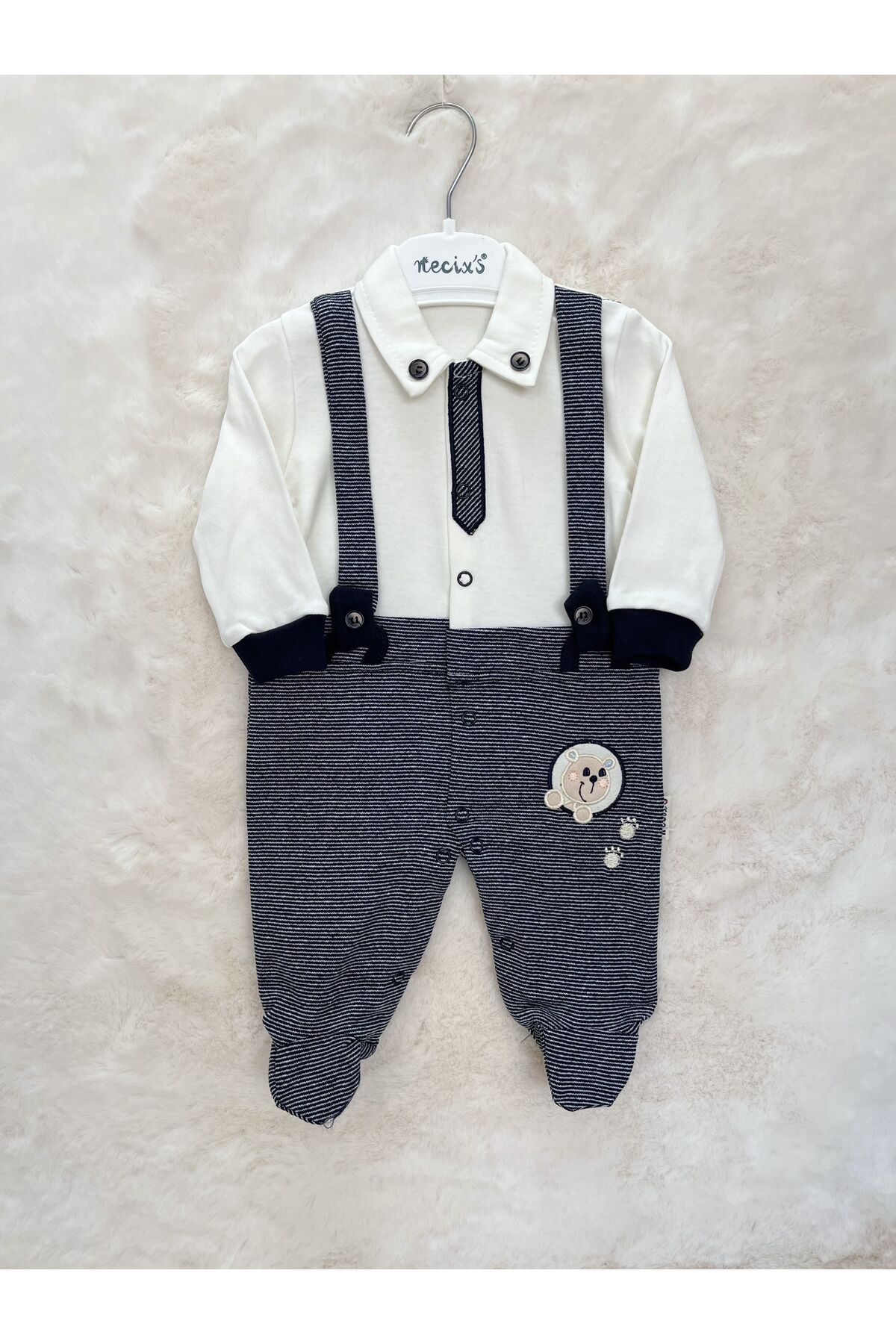 Necix's-Bear Embroidered Striped Slopet Jumpsuit 1