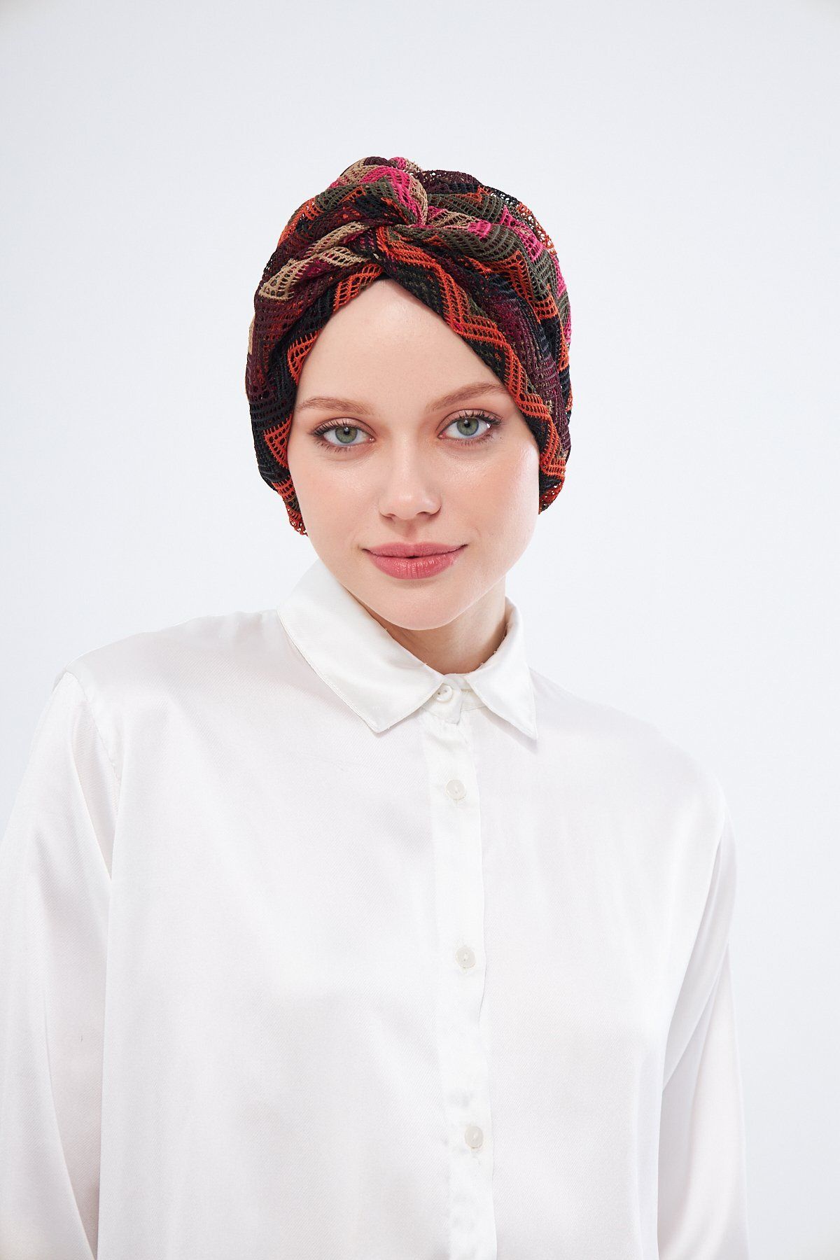 HÜRREM BONE-Loose Hijab Bonnet - Black Gathered and Knitted Patterned Mesh 2403_01 8