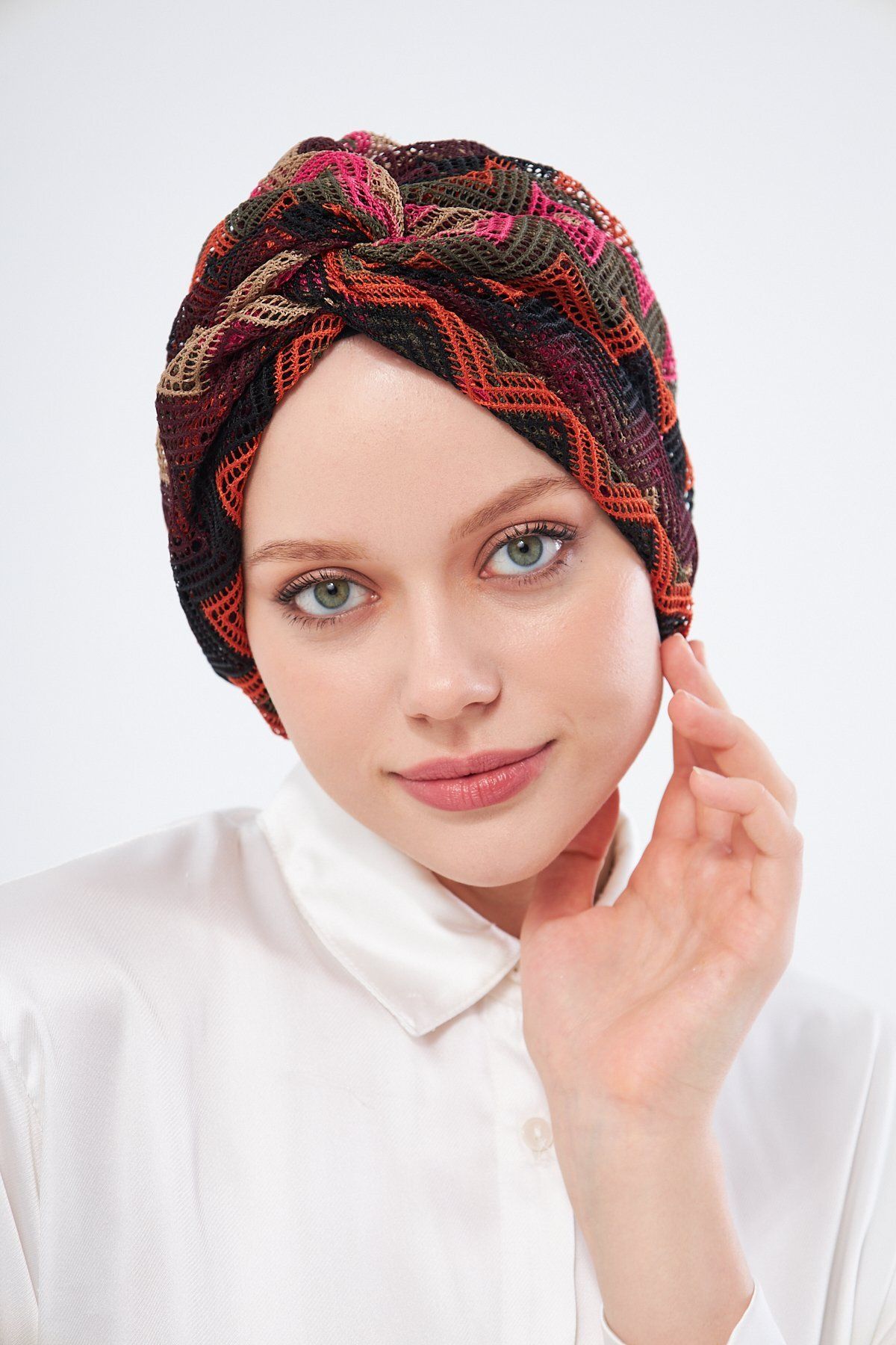HÜRREM BONE-Loose Hijab Bonnet - Black Gathered and Knitted Patterned Mesh 2403_01 2
