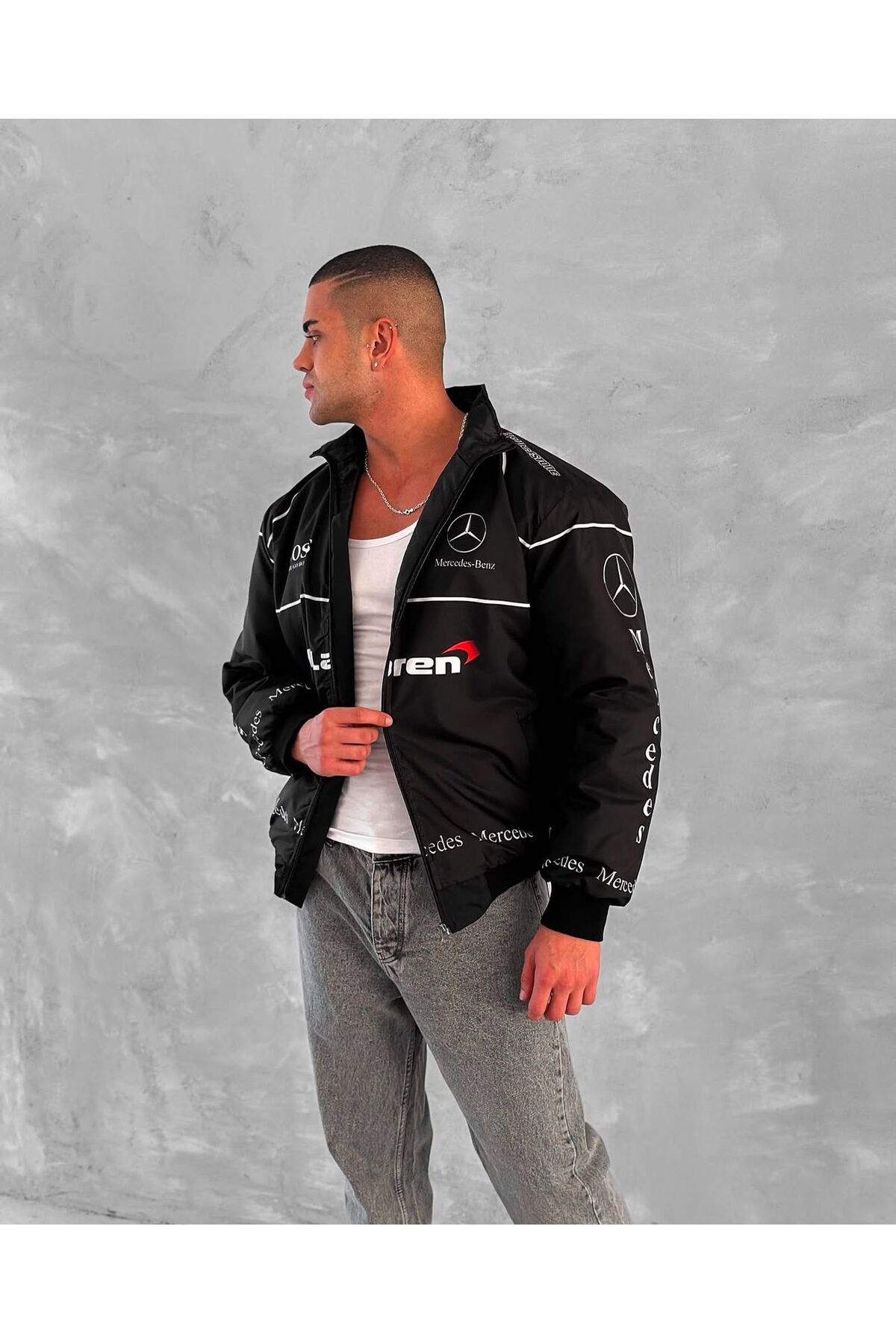 Shinestreet Mercedes Baskılı Oversize Bomber Ceket