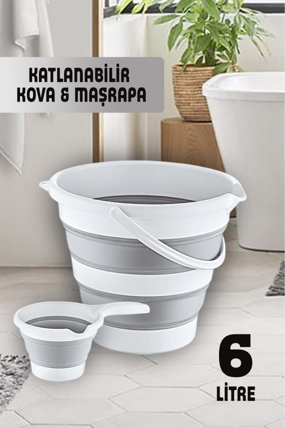 ego home 2'li Katlanabilir 6lt Kova Ve Maşrapa Seti Katlanır Akordiyon Su Kovası Ve Maşrapa Seti Banyo Gri