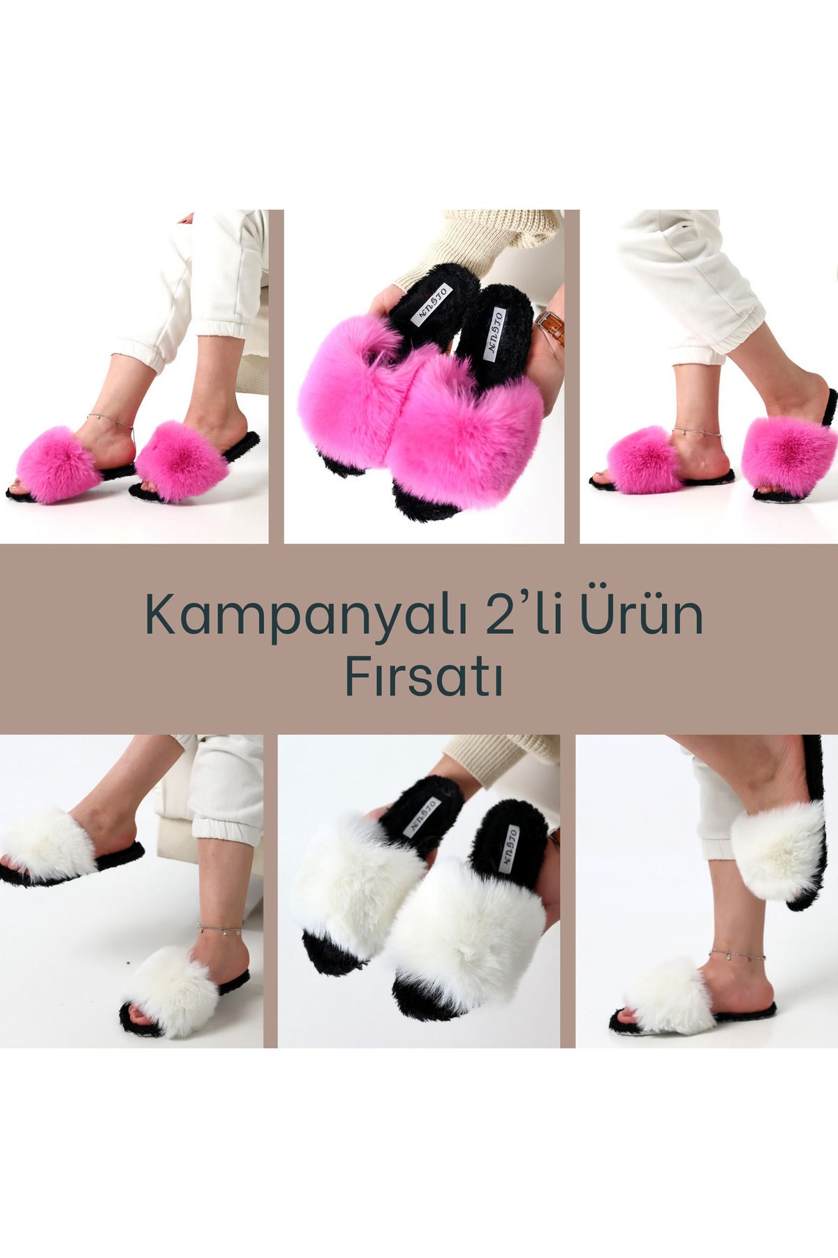 olgun slipper 2li Tüylü Şık Ev Terliği