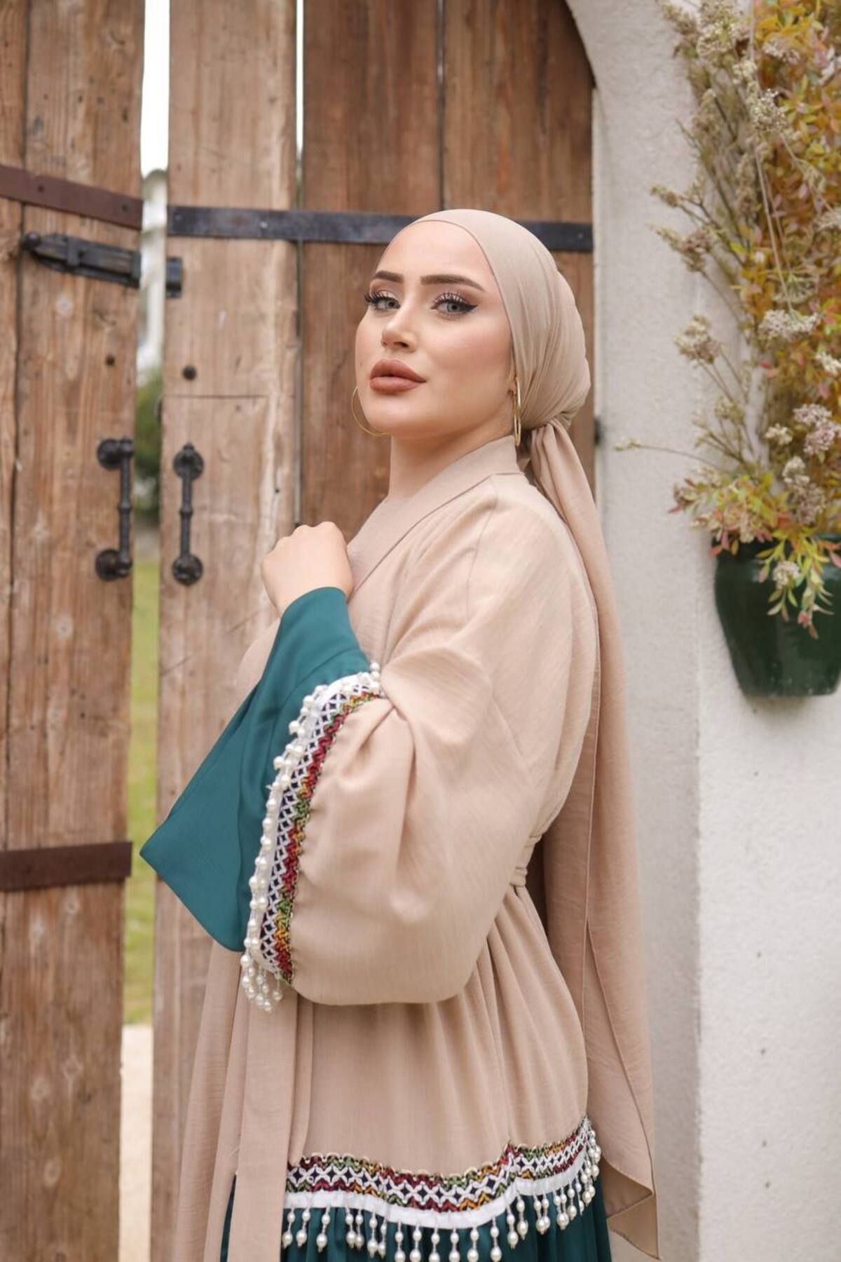 NHMODA İnci Detaylı Kuşaklı İkili Abaya takımı