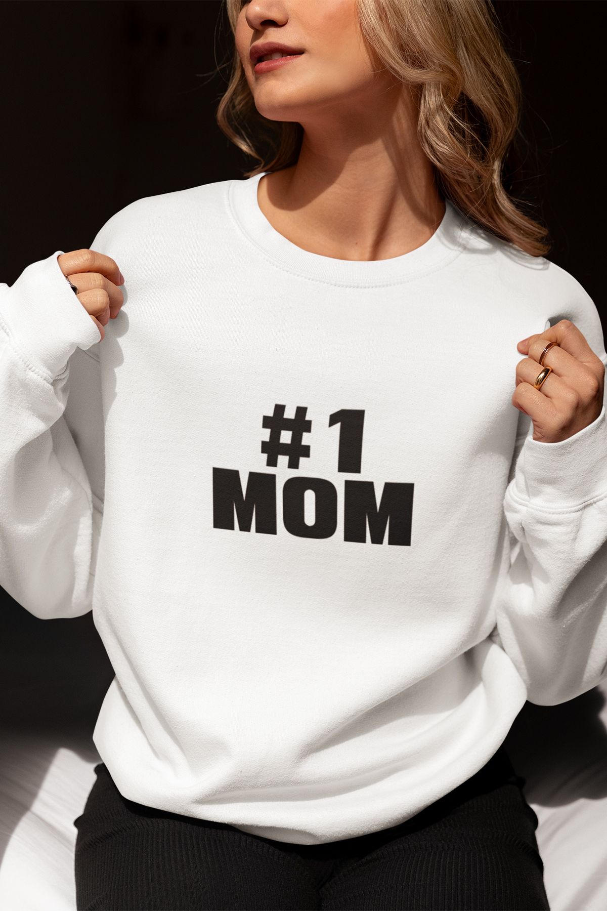 qoeuyl boutique Number One Mom Baskılı Anneler Günü Eğlenceli Bisiklet Yaka Sweatshirt