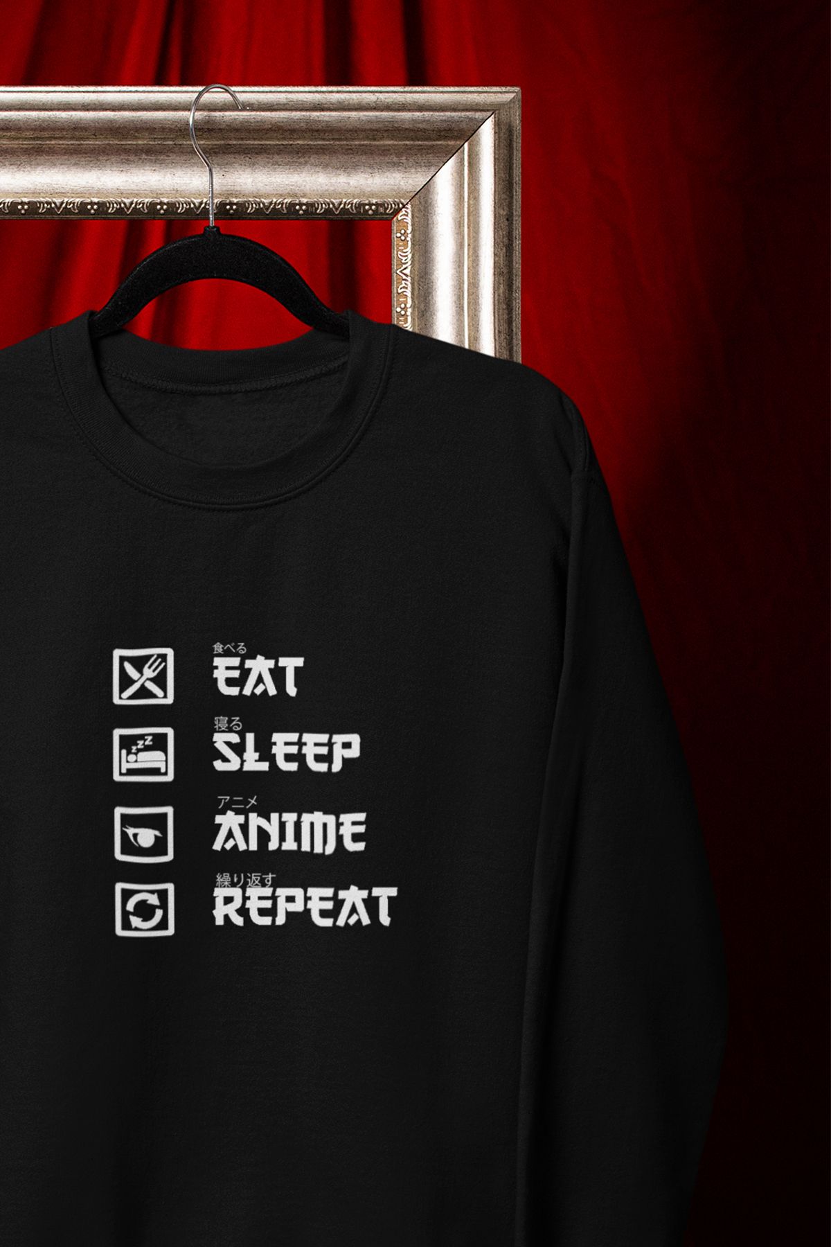 qoeuyl boutique Eat Sleep Anime Repeat Baskılı Eğlenceli Unisex Bisiklet Yaka Sweatshirt