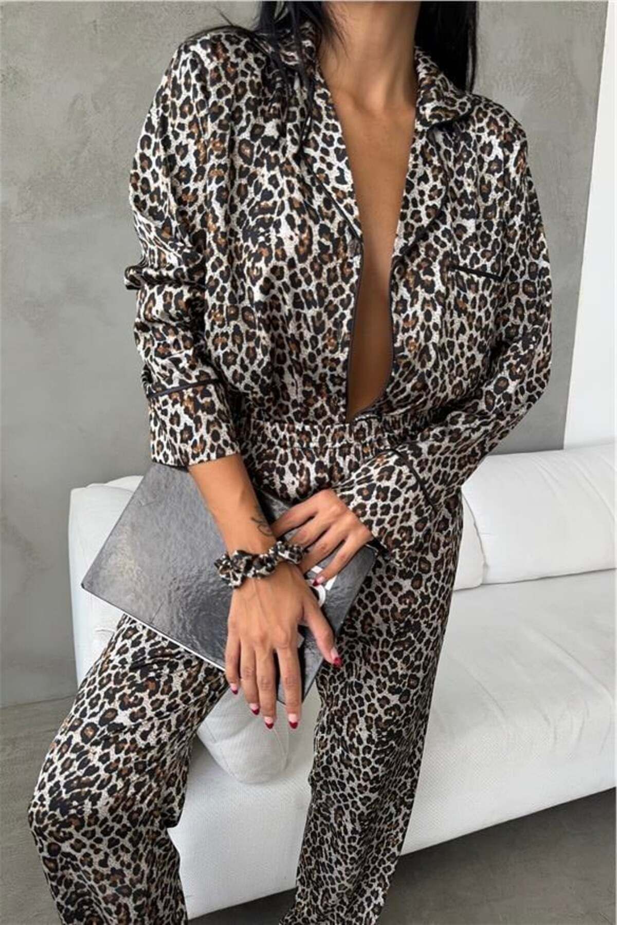 COCCOLARSI Leopardo Verde Saten Uzun Pijama Takımı