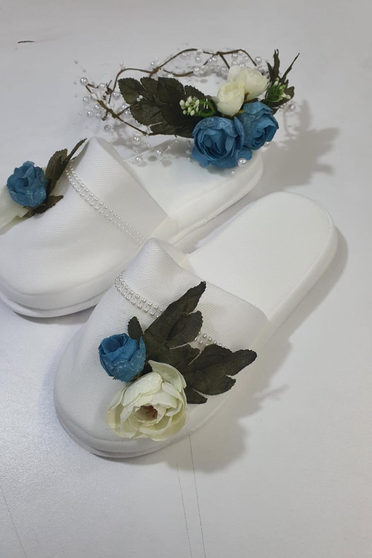 Hobigram Krem Mavi Şakayıklı Lohusa Takımı Bebek Yenidoğan Mevlüt Terliği Hastane Çıkışı Terlik Taç Seti – L fotoğrafı 4 (önizleme)