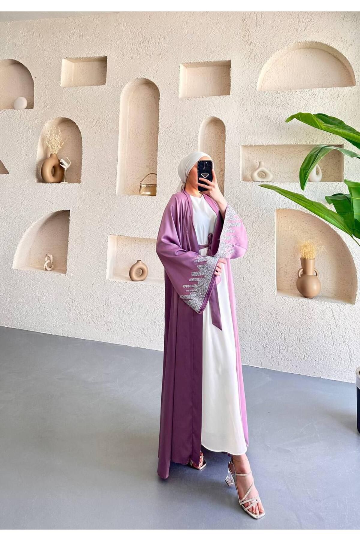 NHMODA Taş işlemeli kuşaklı ikili abaya