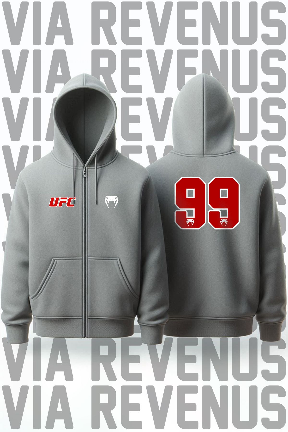 Vordevia UFC Venum 99 Ön ve Arka Baskılı Unisex Fermuarlı Kapüşonlu Gri Sweatshirt Hırka