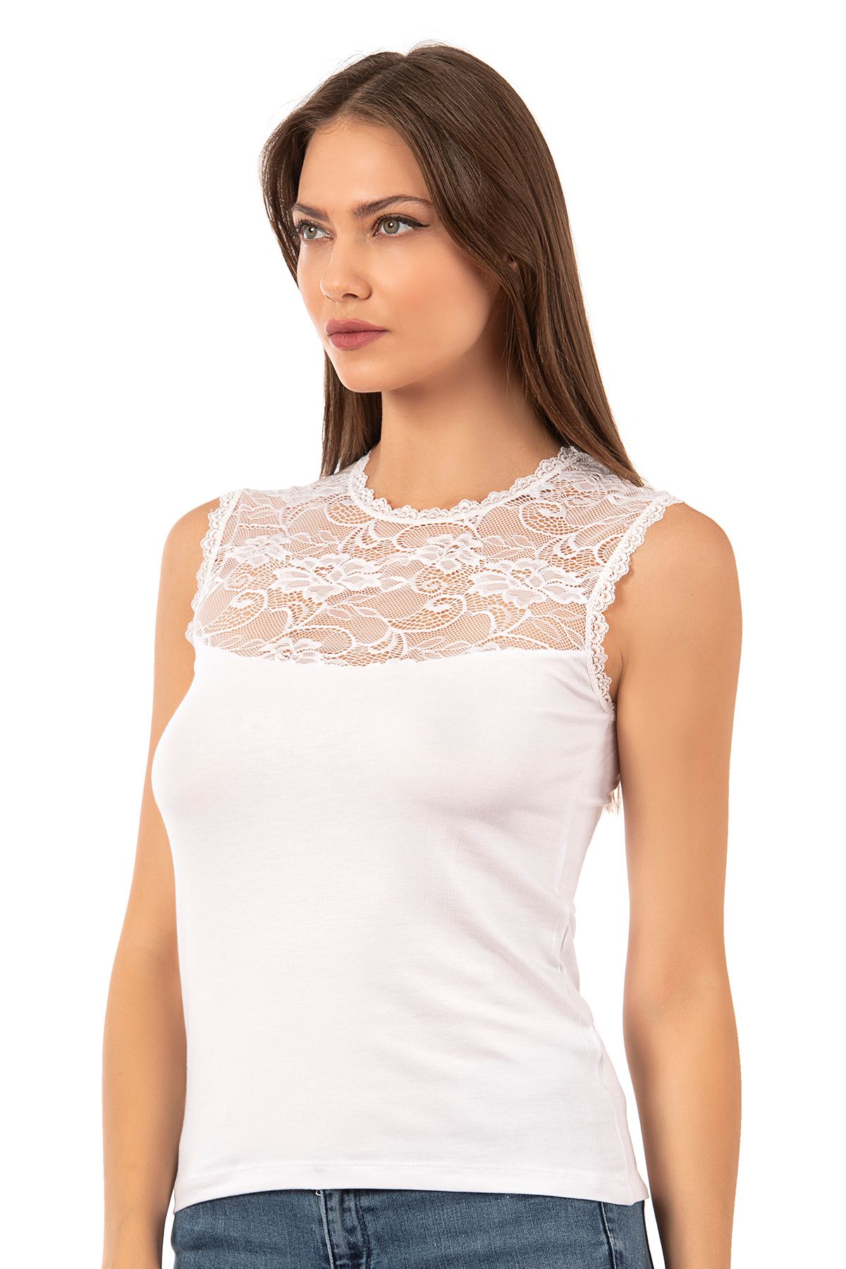 ÖZKAN underwear-Özkan 7365 Дамска плетена блуза от висококачествена мека и удобна вискозна дантела с детайли без ръкави 3